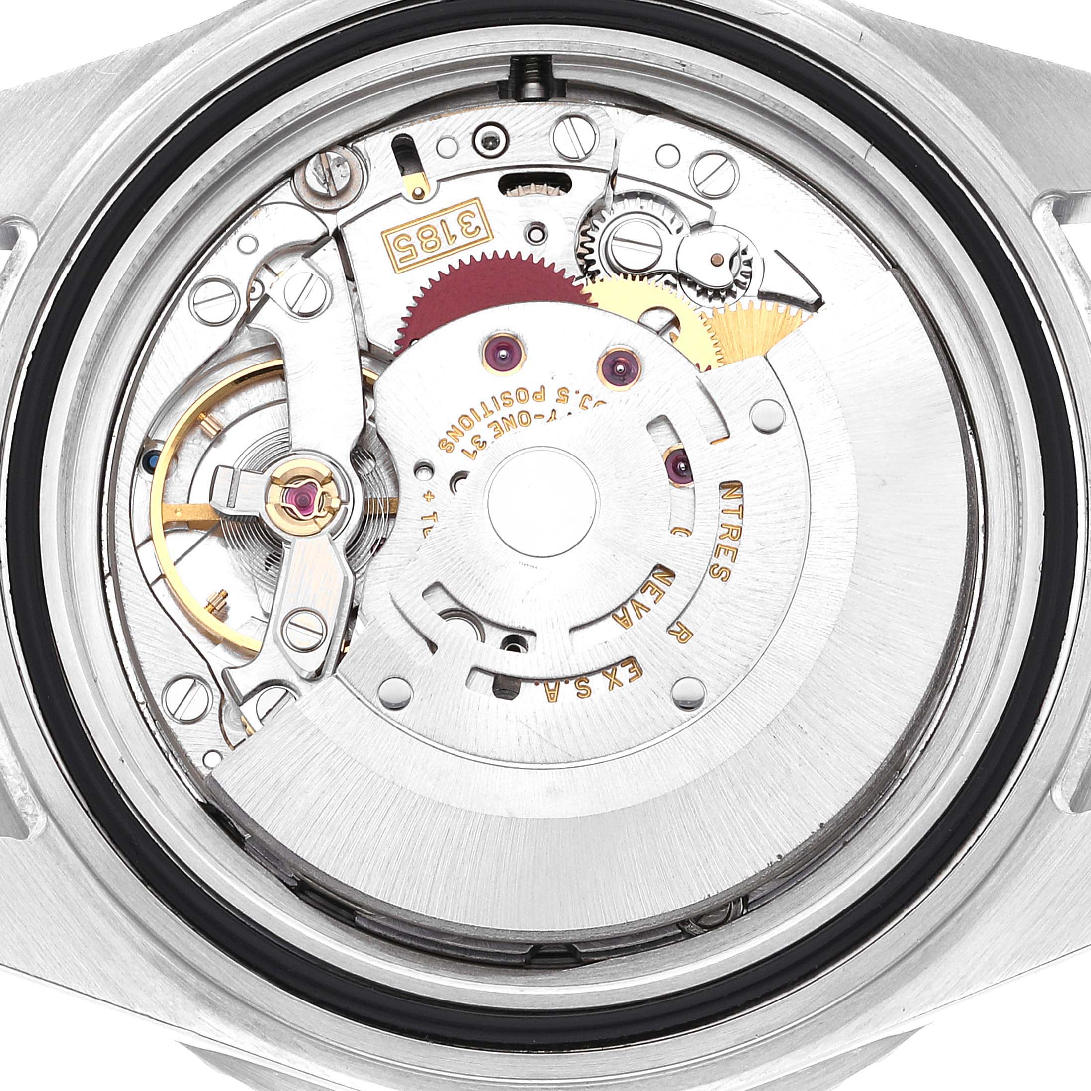 This image shows the internal mechanism and movement parts of a Rolex GMT-Master 16710 Men
s Stainless Steel Black Dial 16710 Men
s Stainless Steel Black Dial watch from a back angle.