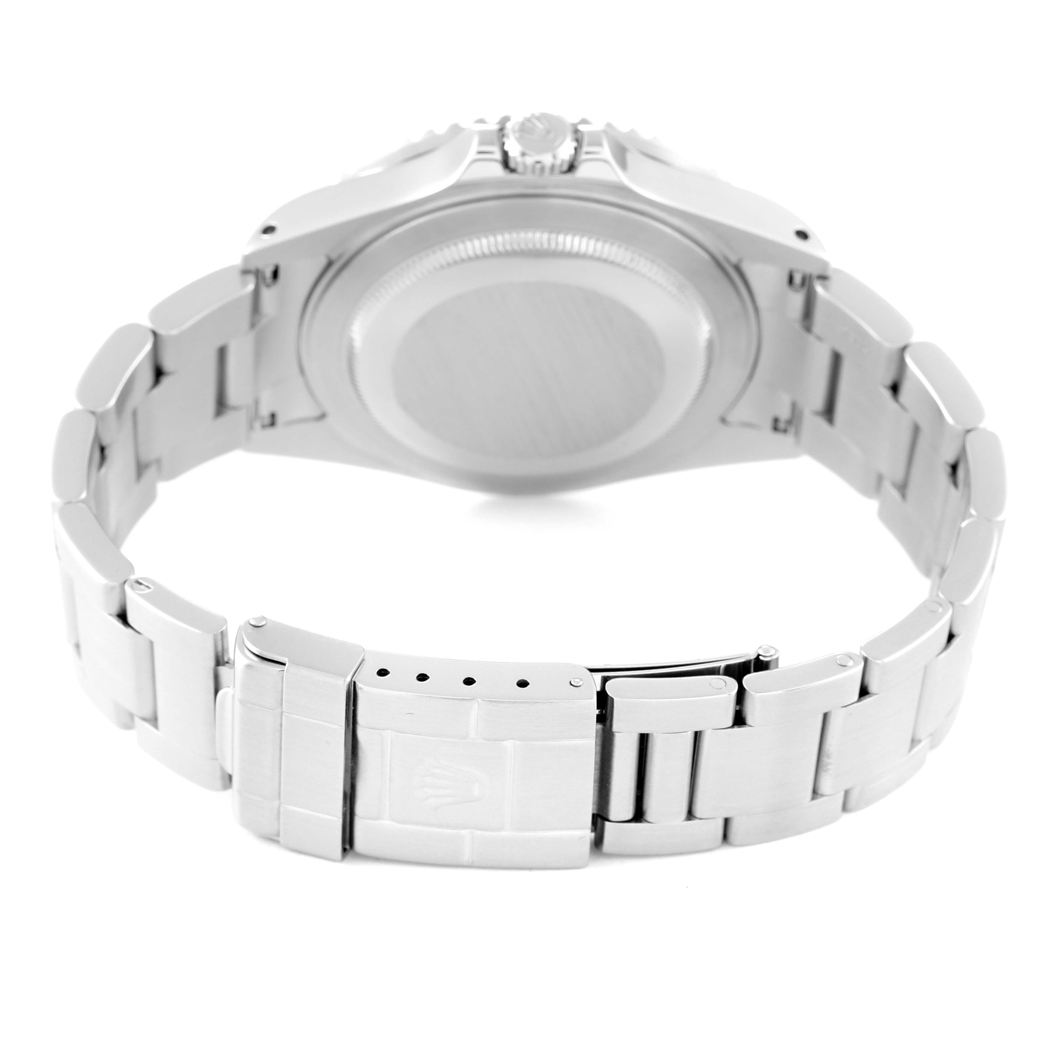 The image shows the back case and bracelet of a Rolex GMT-Master 16710 Men
s Stainless Steel Black Dial 16710 Men
s Stainless Steel Black Dial watch from a rear angle.