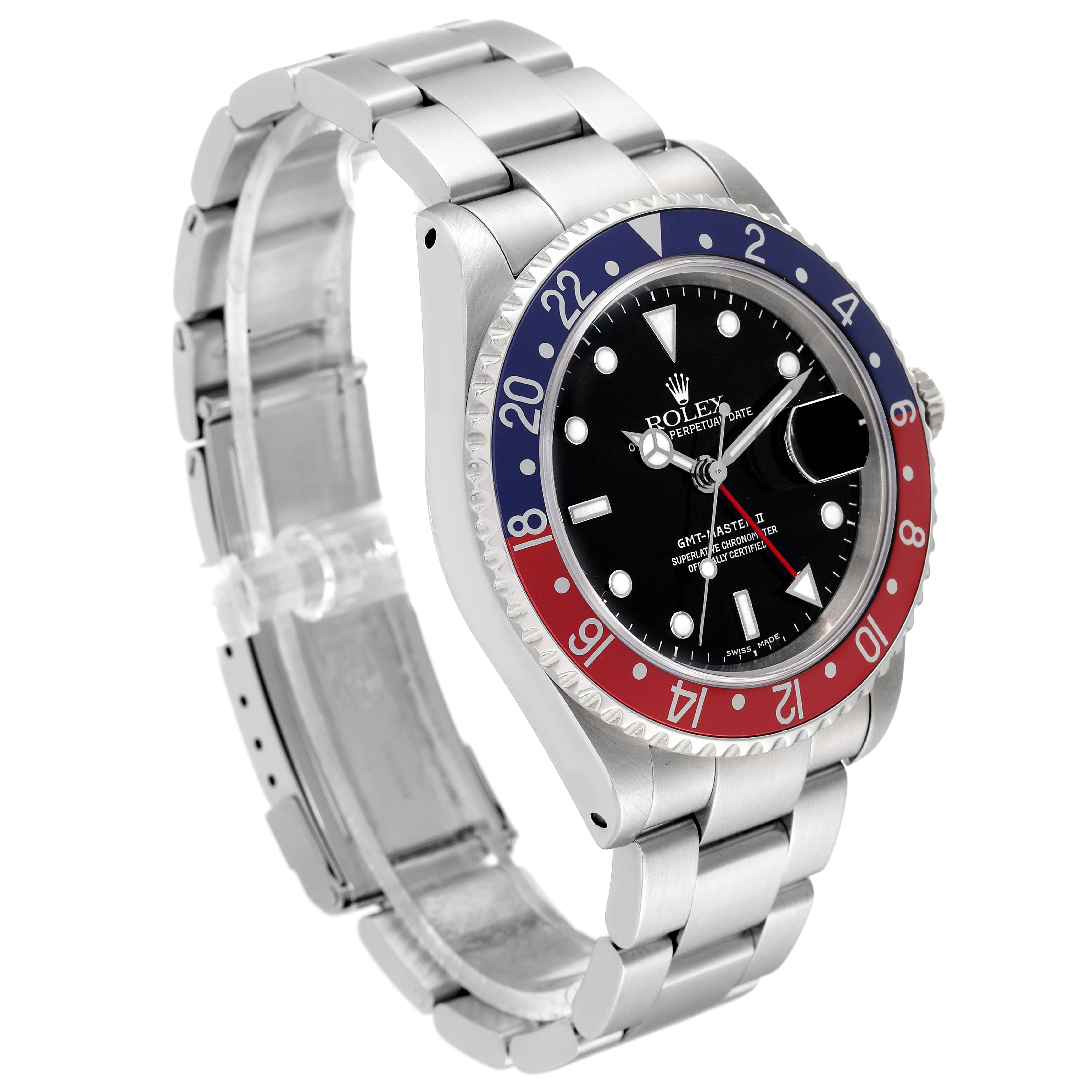The image shows a side angle view of a Rolex GMT-Master 16710 Men
s Stainless Steel Black Dial 16710 Men
s Stainless Steel Black Dial watch, highlighting its bezel, face, and stainless steel bracelet.