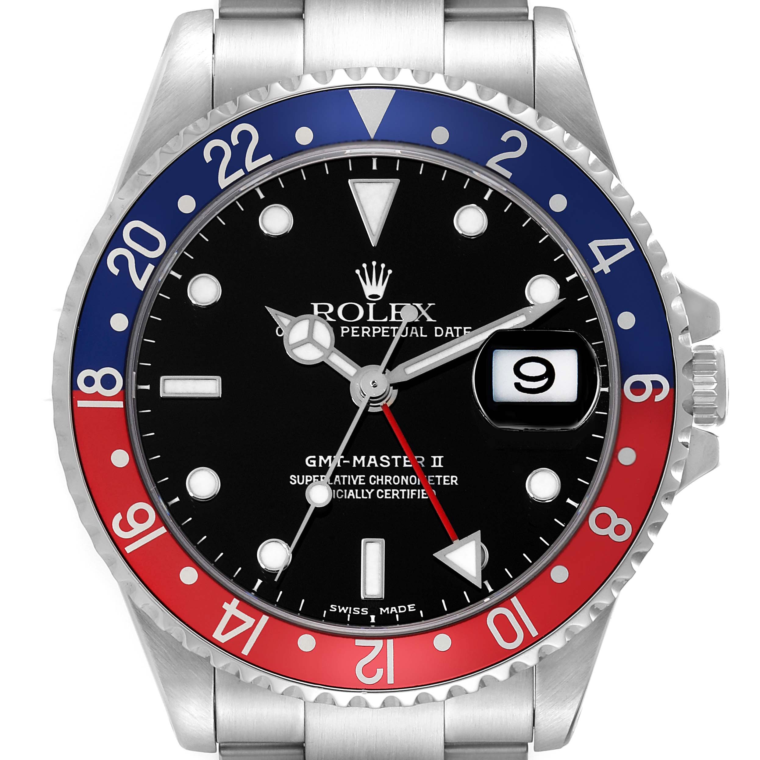 The Rolex GMT-Master 16710 Men
s Stainless Steel Black Dial 16710 Men
s Stainless Steel Black Dial watch is shown from a front angle, highlighting its dial, bezel, and bracelet.