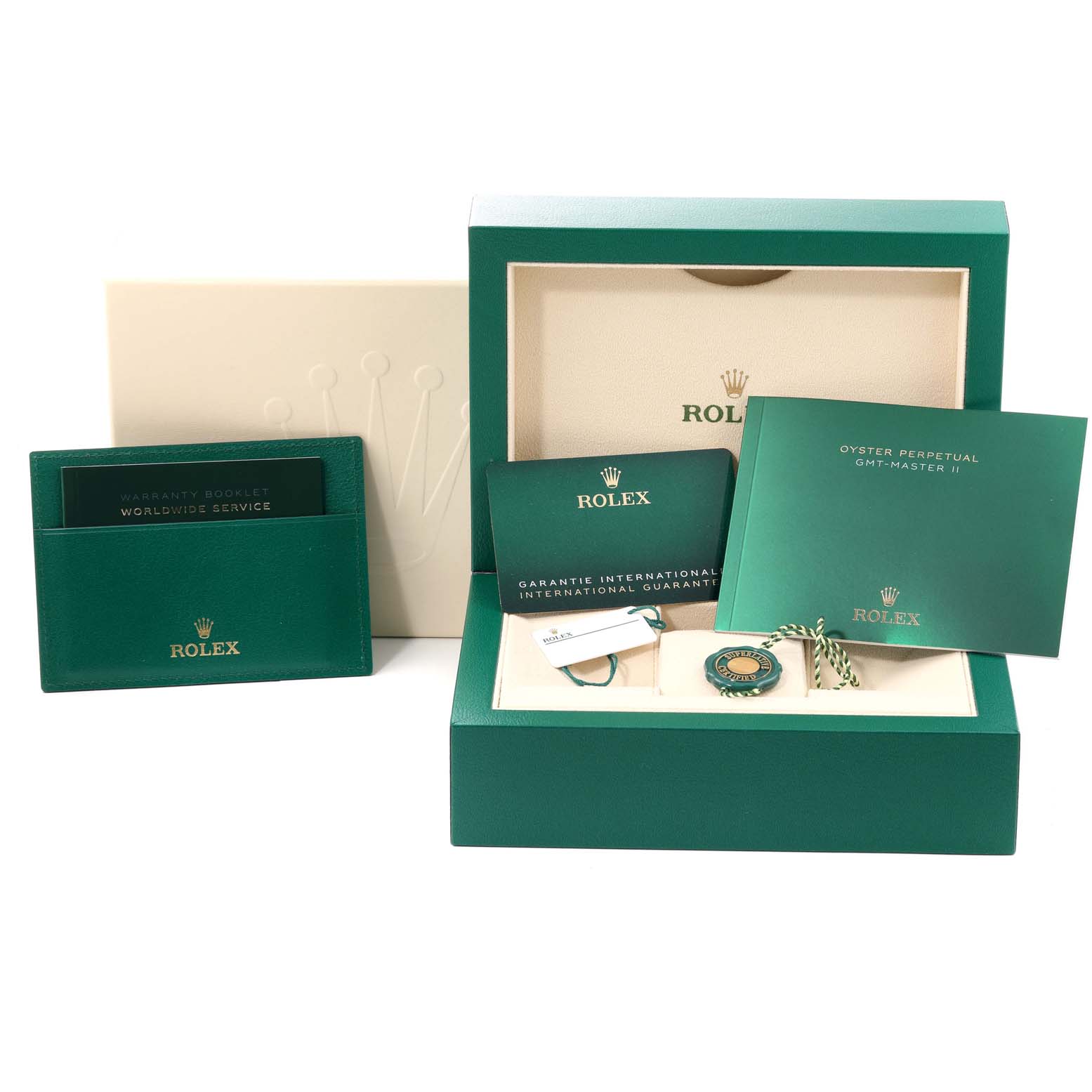 The image shows the packaging, warranty booklets, and accessories for a Rolex GMT-Master 126711CHNR Men's Steel and Gold (two tone) Black Dial 126711CHNR Men's Steel and Gold (two tone) Black Dial model watch.