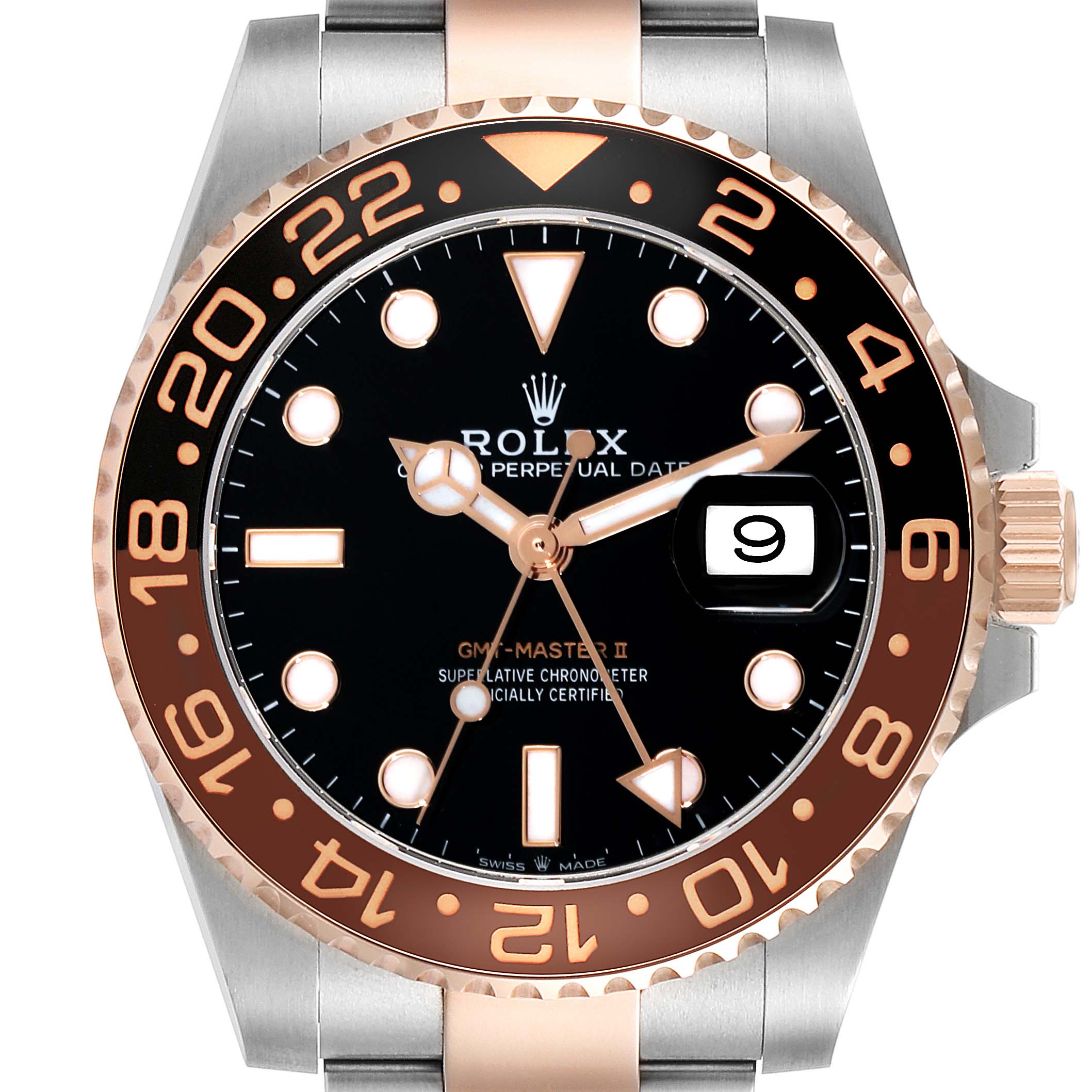 This Rolex GMT-Master 126711CHNR Men's Steel and Gold (two tone) Black Dial 126711CHNR Men's Steel and Gold (two tone) Black Dial II watch is shown from a front angle, highlighting the dial, bezel, and part of the bracelet.