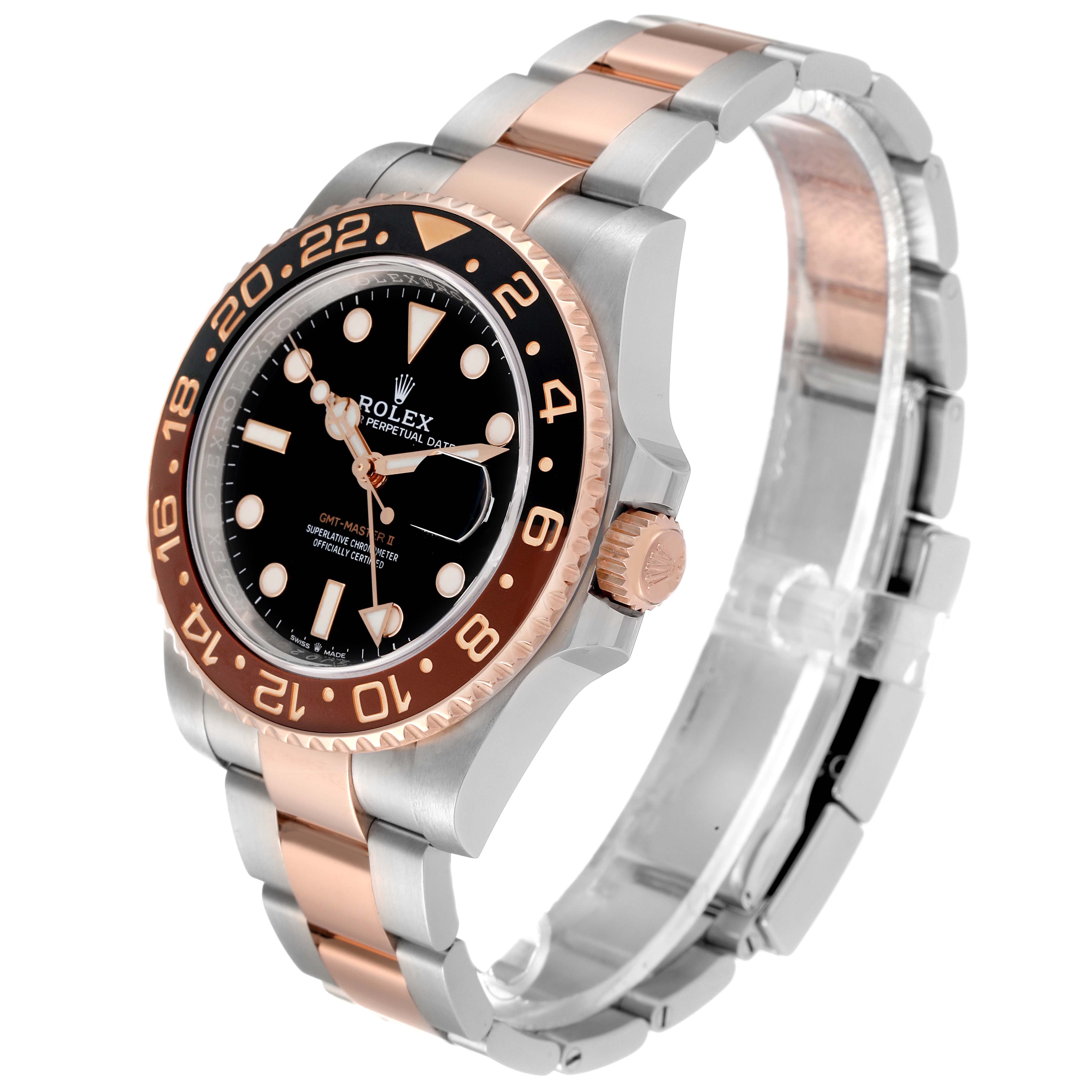The image shows a side angle view of a Rolex GMT-Master 126711CHNR Men's Steel and Gold (two tone) Black Dial 126711CHNR Men's Steel and Gold (two tone) Black Dial watch, featuring its bezel, dial, and bracelet.