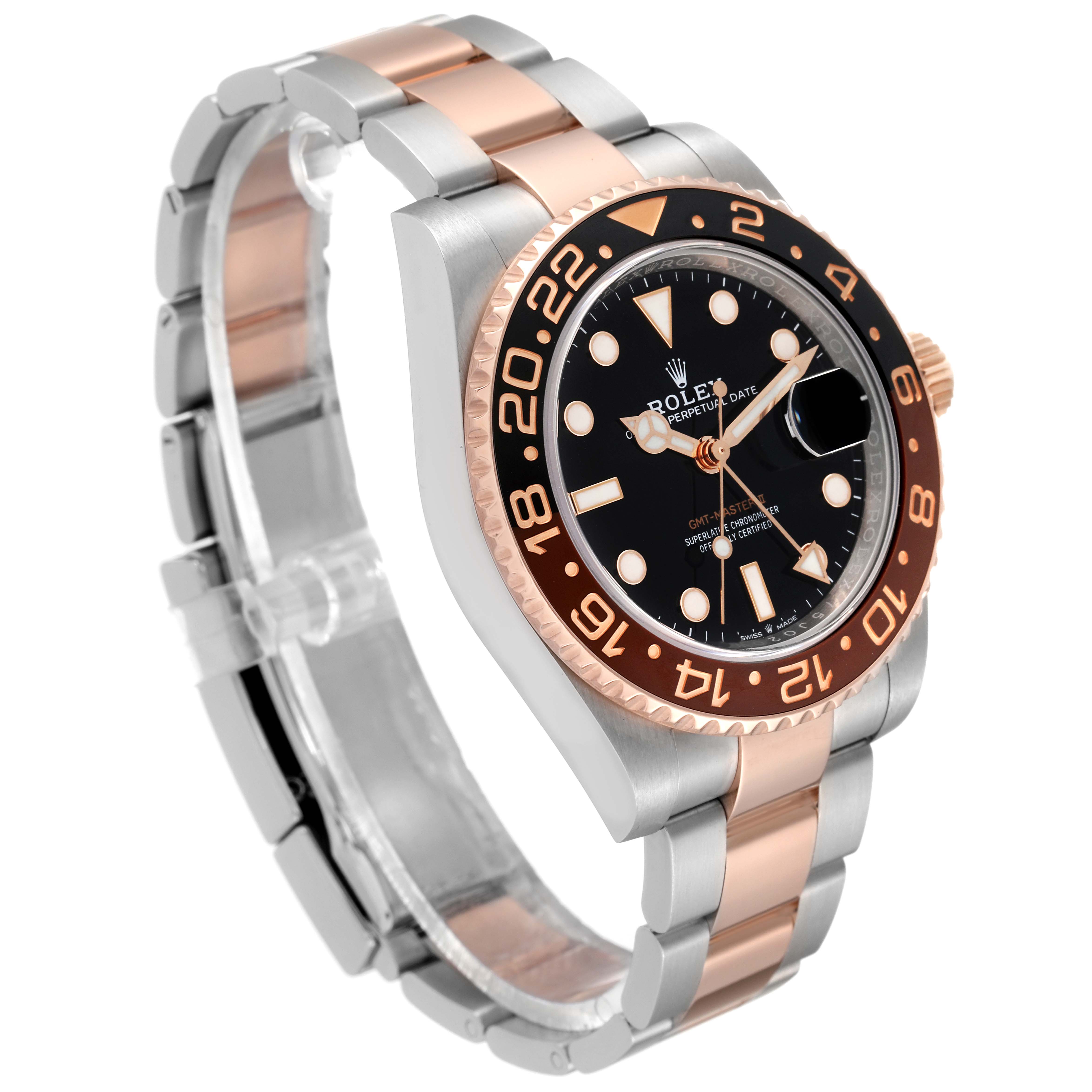 The image shows a Rolex GMT-Master 126711CHNR Men's Steel and Gold (two tone) Black Dial 126711CHNR Men's Steel and Gold (two tone) Black Dial watch at a 3/4 angle, highlighting its black dial, two-tone rose gold and stainless steel bracelet.