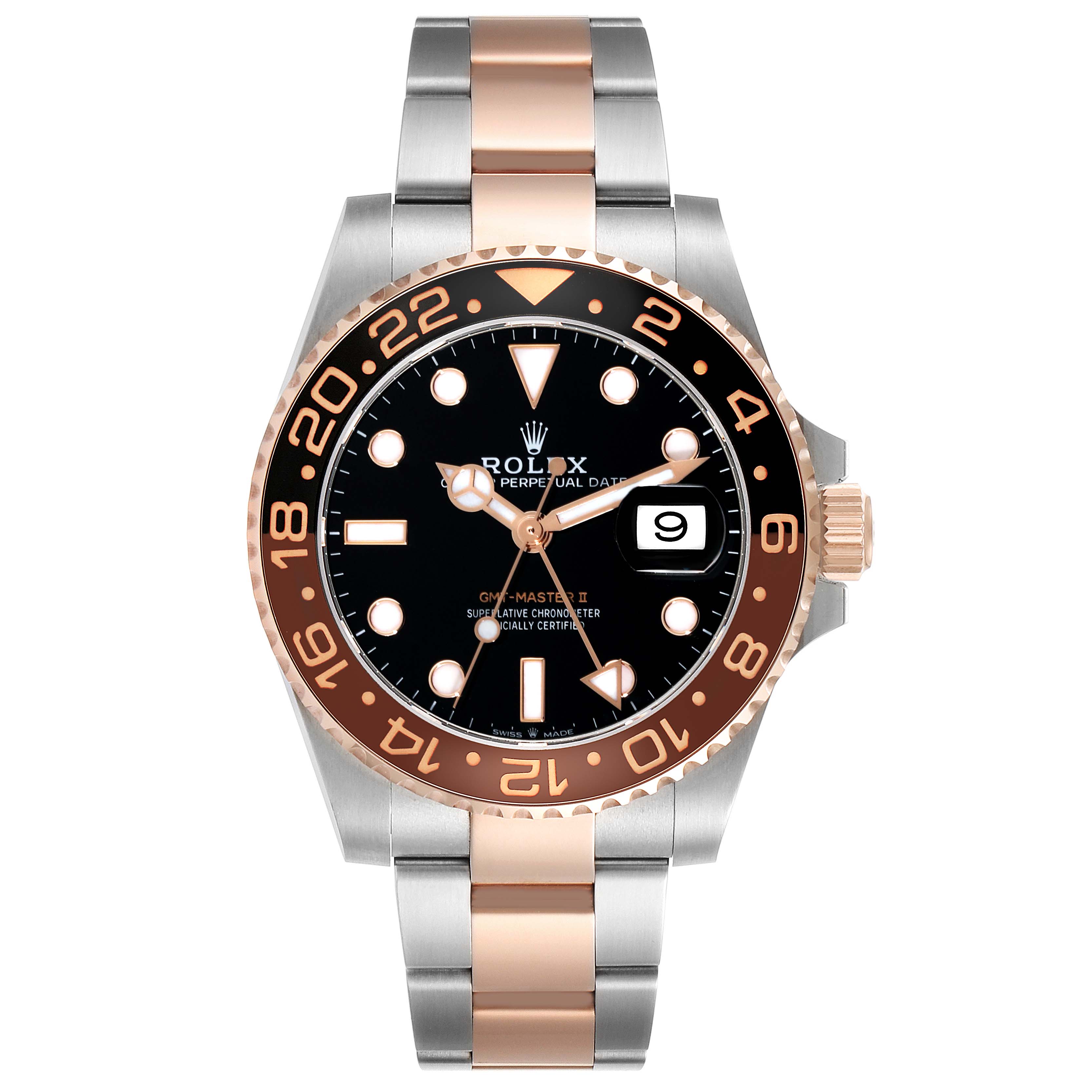 This image shows a Rolex GMT-Master 126711CHNR Men's Steel and Gold (two tone) Black Dial 126711CHNR Men's Steel and Gold (two tone) Black Dial II watch face-on, highlighting its black dial, two-tone bezel, and two-tone bracelet.