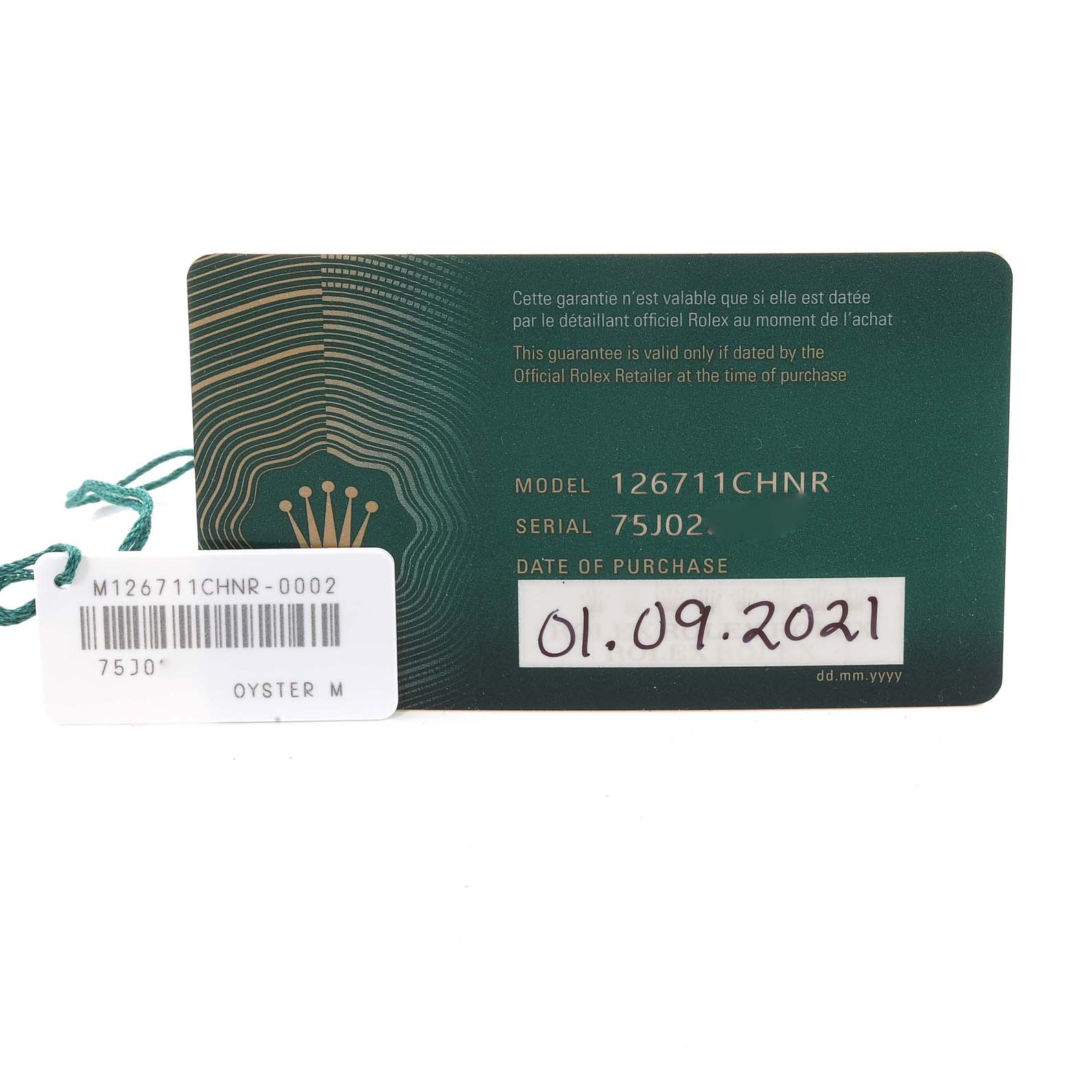 The image shows the warranty card and tag for a Rolex GMT-Master 126711CHNR Men's Steel and Gold (two tone) Black Dial 126711CHNR Men's Steel and Gold (two tone) Black Dial model 126711CHNR.