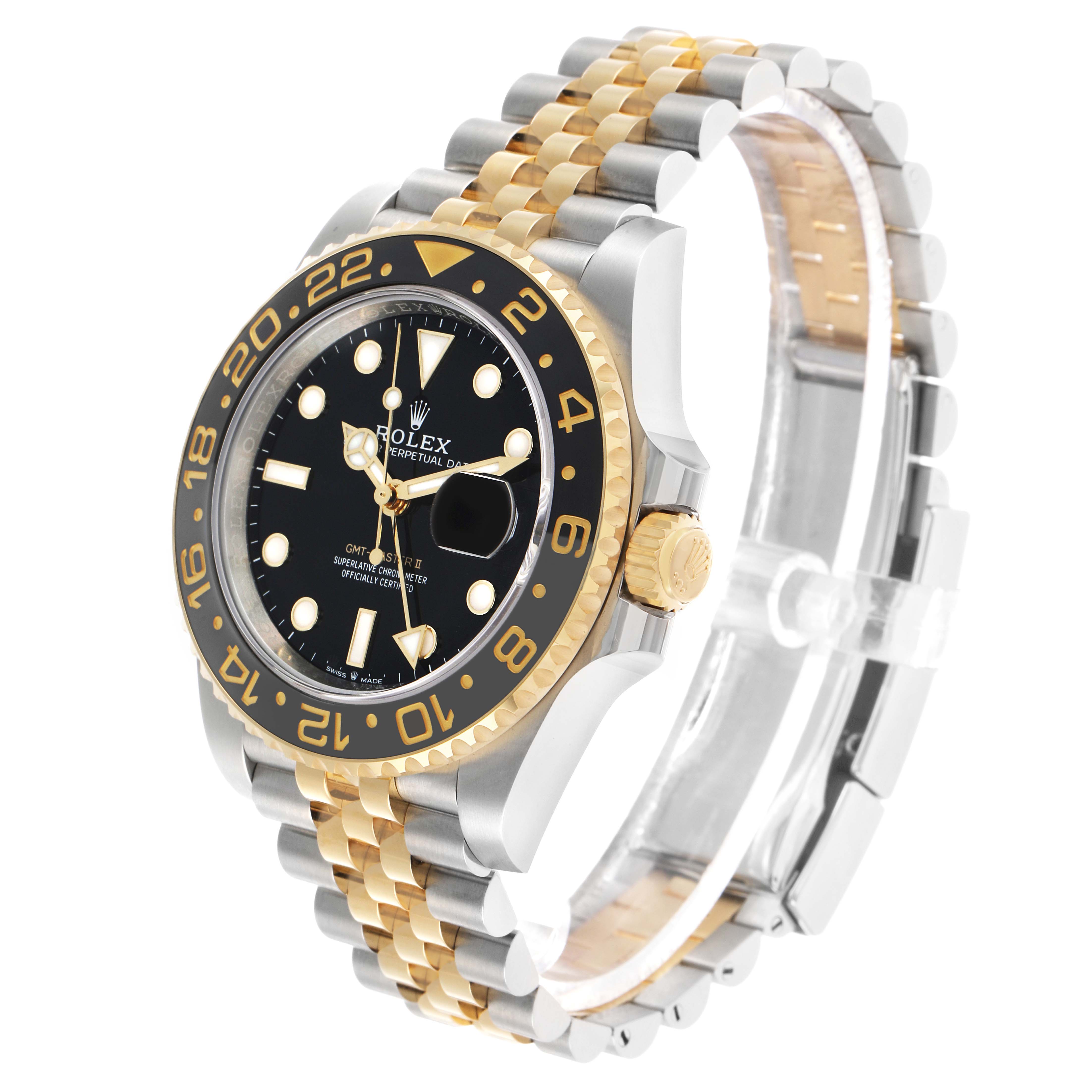 The image shows a Rolex GMT-Master 126713 Men's Steel and Gold (two tone) Black Dial watch at a three-quarter angle, highlighting the bezel, watch face, and two-tone bracelet.