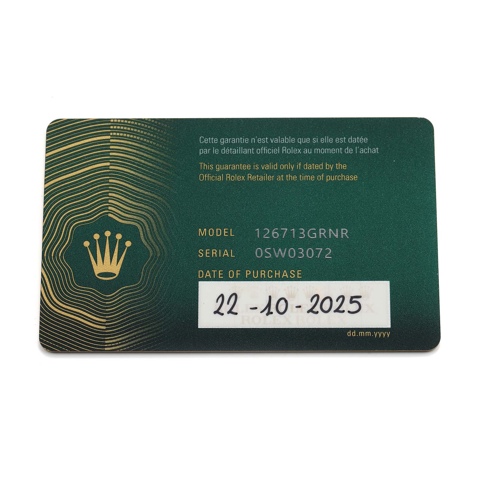 The image shows the warranty card for a Rolex GMT-Master 126713 Men's Steel and Gold (two tone) Black Dial, detailing model, serial number, and purchase date.