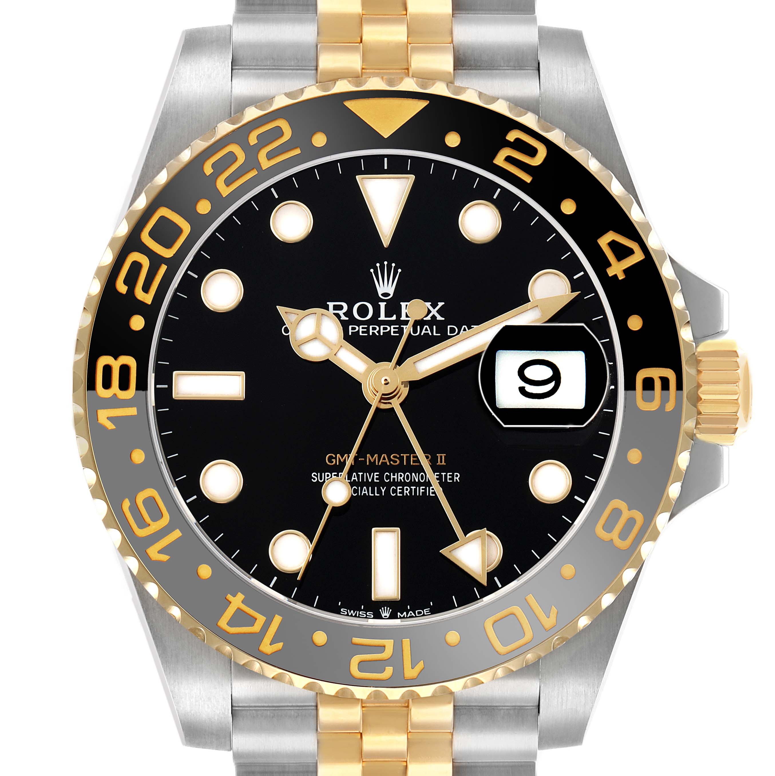 The Rolex GMT-Master 126713 Men's Steel and Gold (two tone) Black Dial II watch is shown from a front angle, highlighting the bezel, dial, bracelet, and crown.