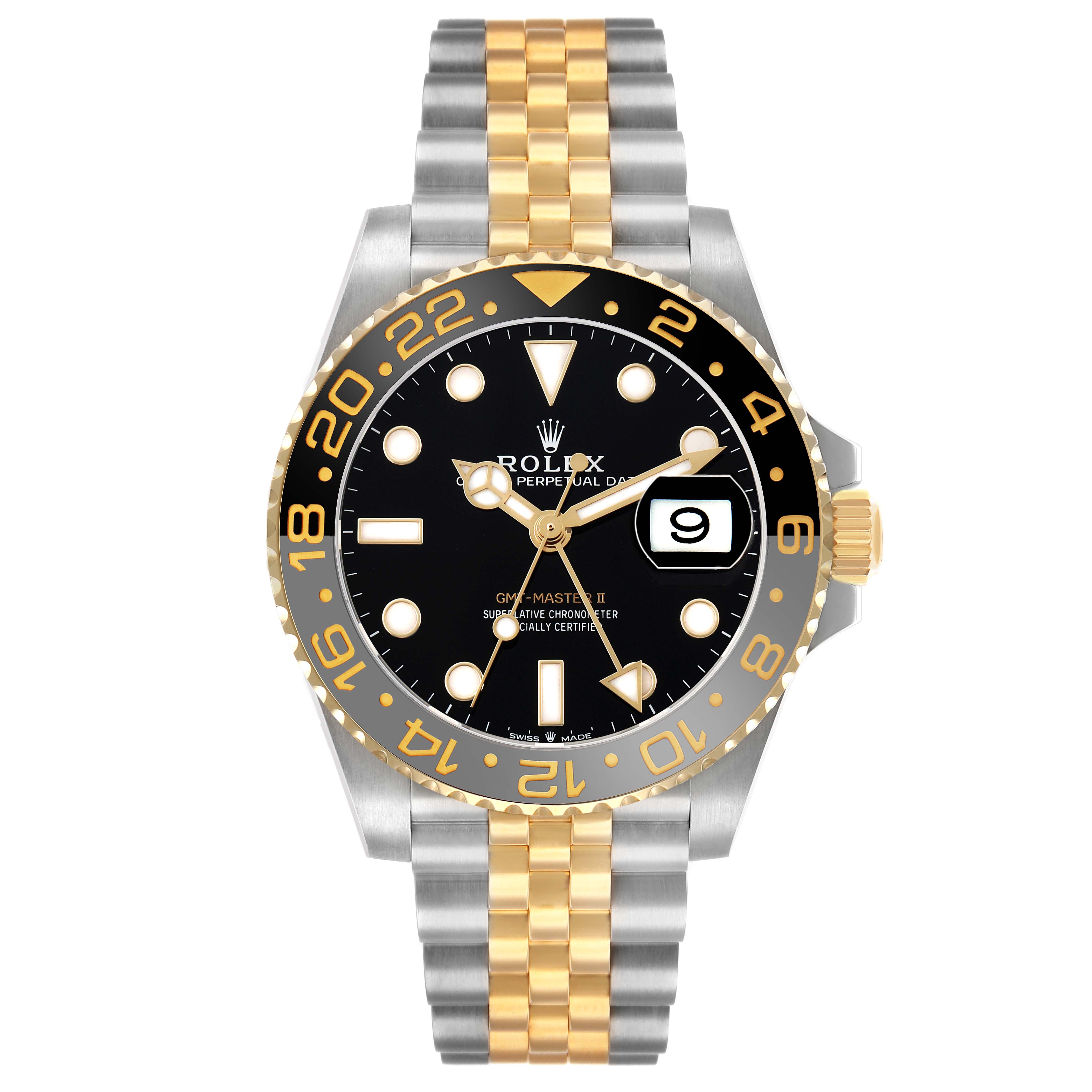 The Rolex GMT-Master 126713 Men's Steel and Gold (two tone) Black Dial watch is shown from the front, highlighting its black dial, two-tone bezel, and two-tone bracelet.