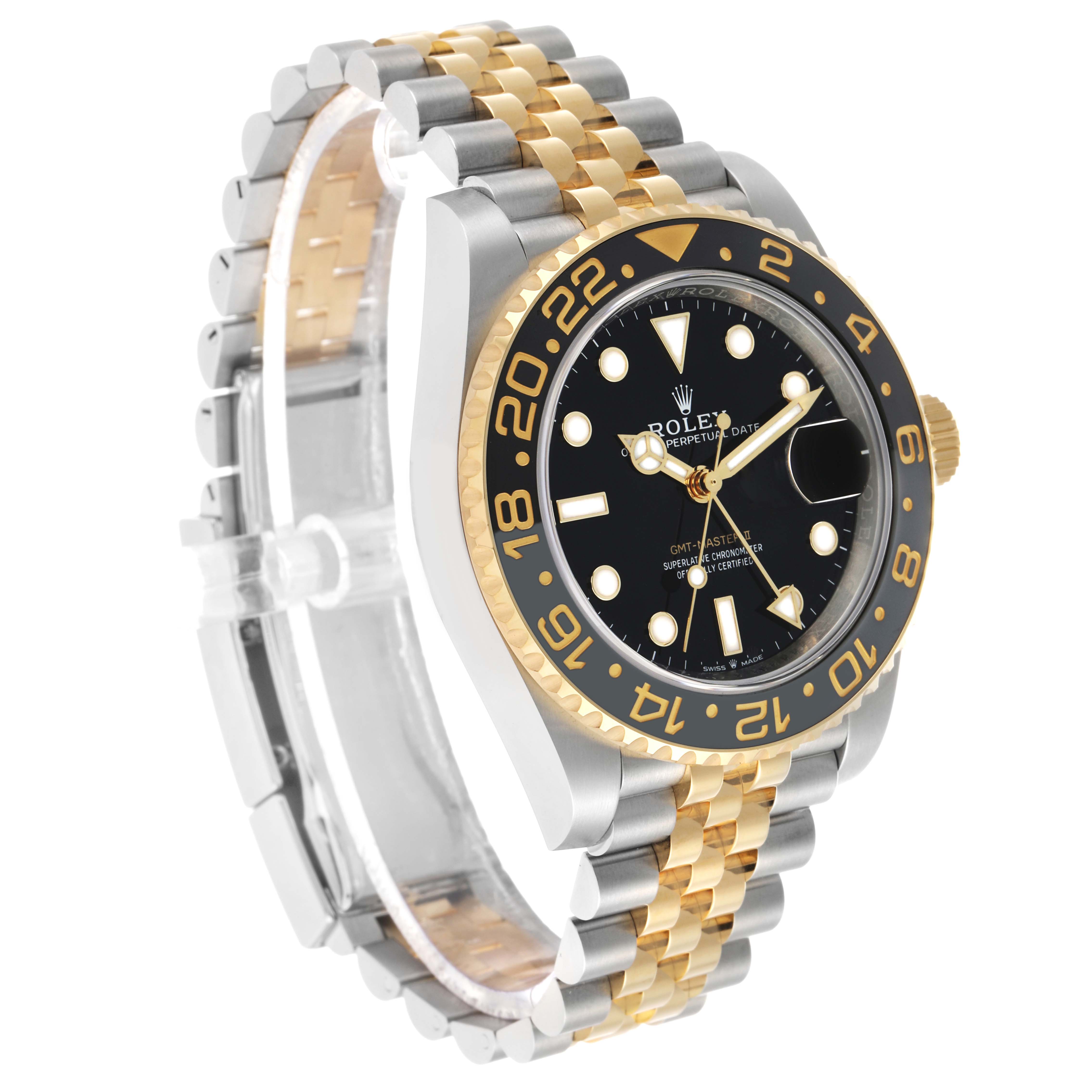 The Rolex GMT-Master 126713 Men's Steel and Gold (two tone) Black Dial watch is shown at a three-quarter angle, highlighting the two-tone bracelet, bezel, and dial.