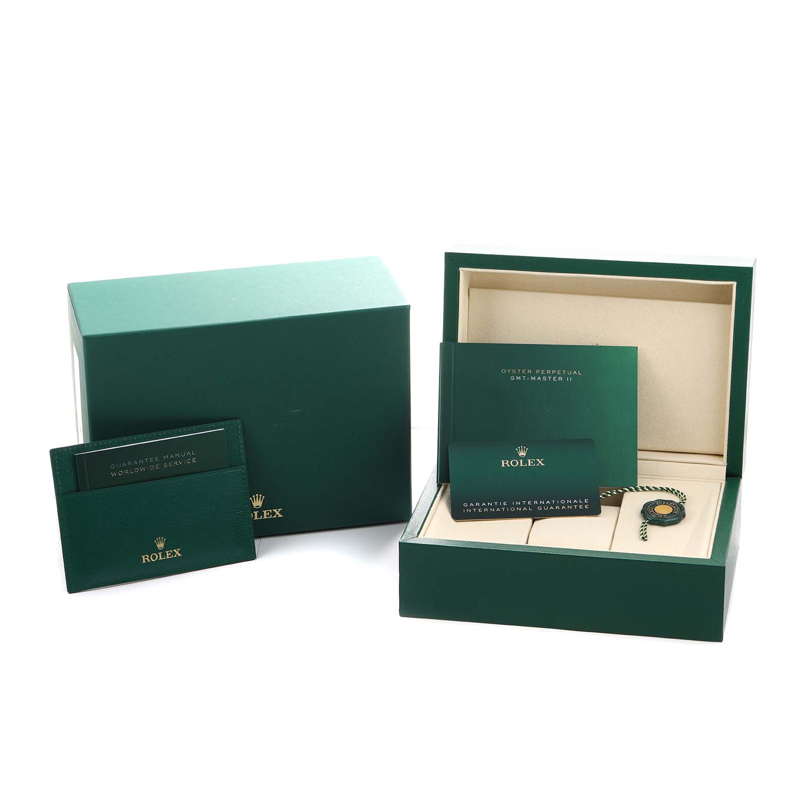 The image shows the packaging and accessories for a Rolex GMT-Master 126713 Men's Steel and Gold (two tone) Black Dial watch, including boxes and manuals.