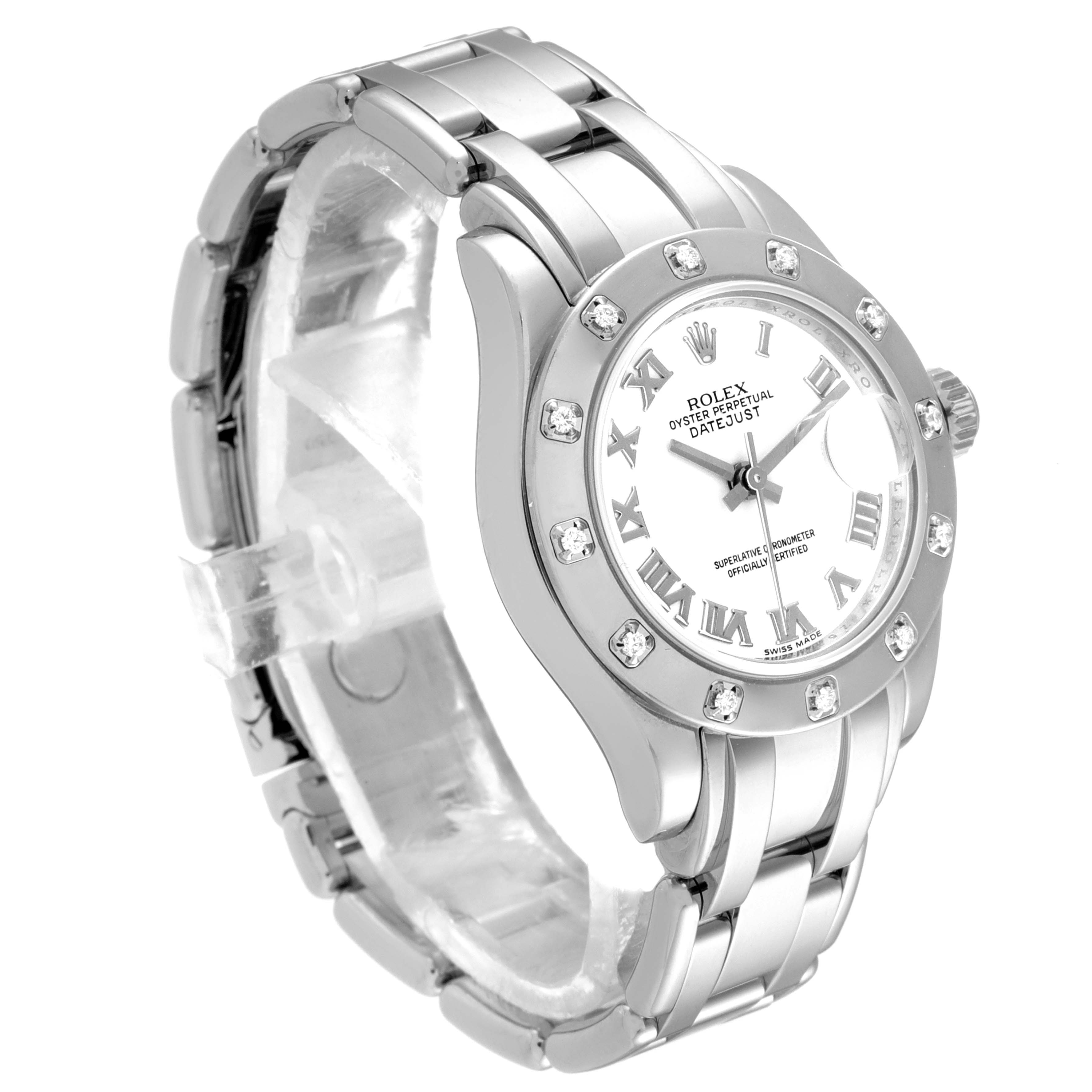 This image shows a side angle of the Rolex Pearlmaster 80319 Women's White Gold White Dial 80319 Women's White Gold White Dial watch, highlighting its face, bezel, and metal bracelet.