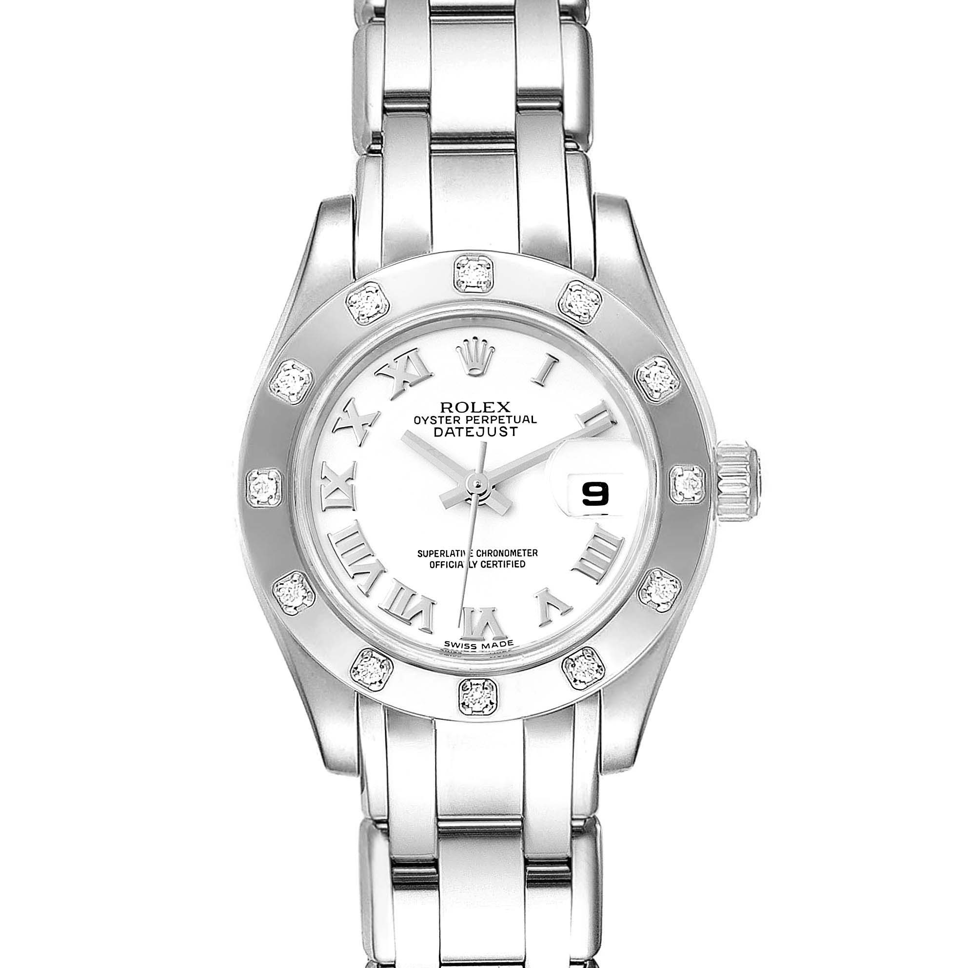 The image shows a front view of the Rolex Pearlmaster 80319 Women's White Gold White Dial 80319 Women's White Gold White Dial watch, featuring a silver bracelet, a diamond bezel, and a white dial with Roman numerals.