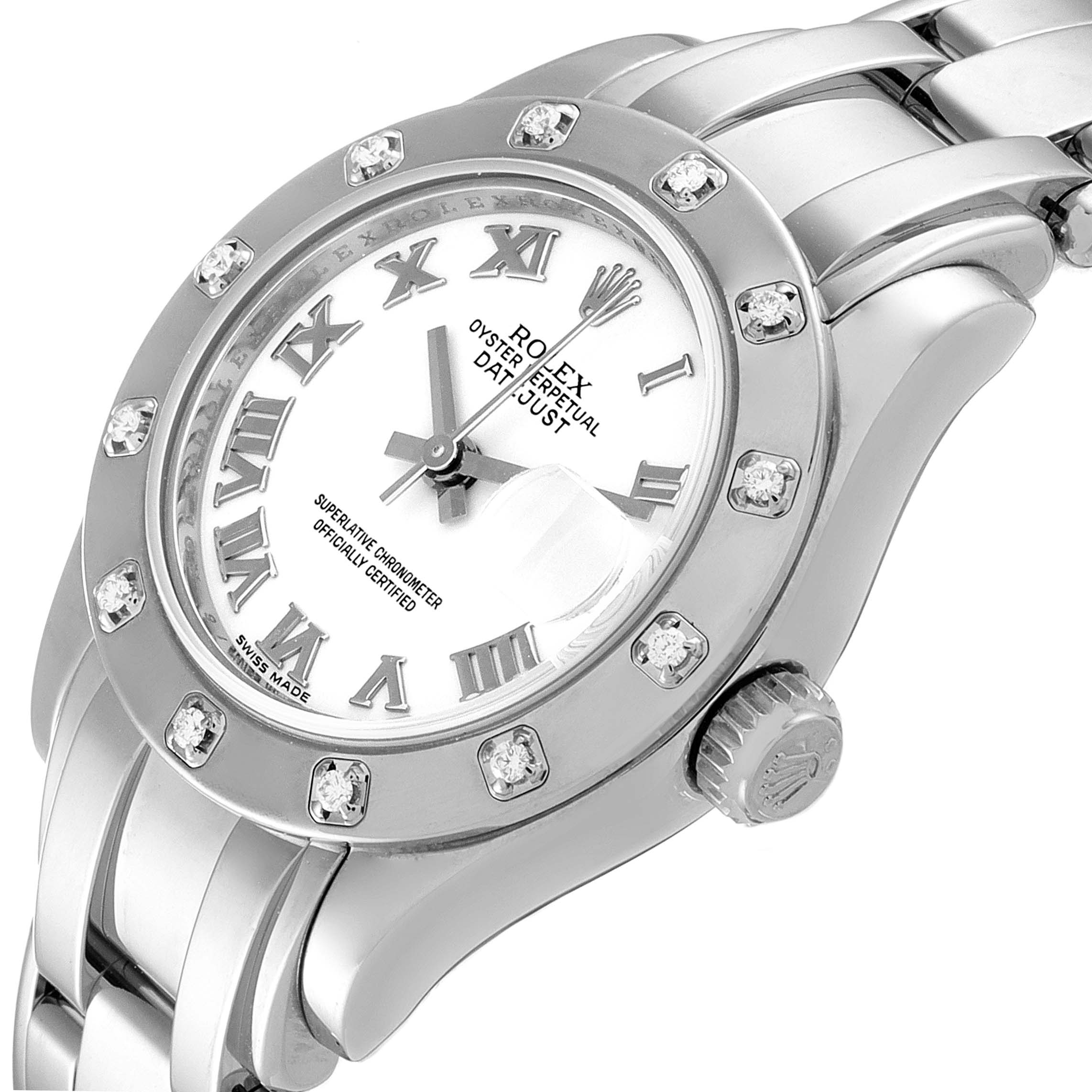 This is a close-up angled view of the Rolex Pearlmaster 80319 Women's White Gold White Dial 80319 Women's White Gold White Dial watch, showcasing its face, bezel, and part of the bracelet.