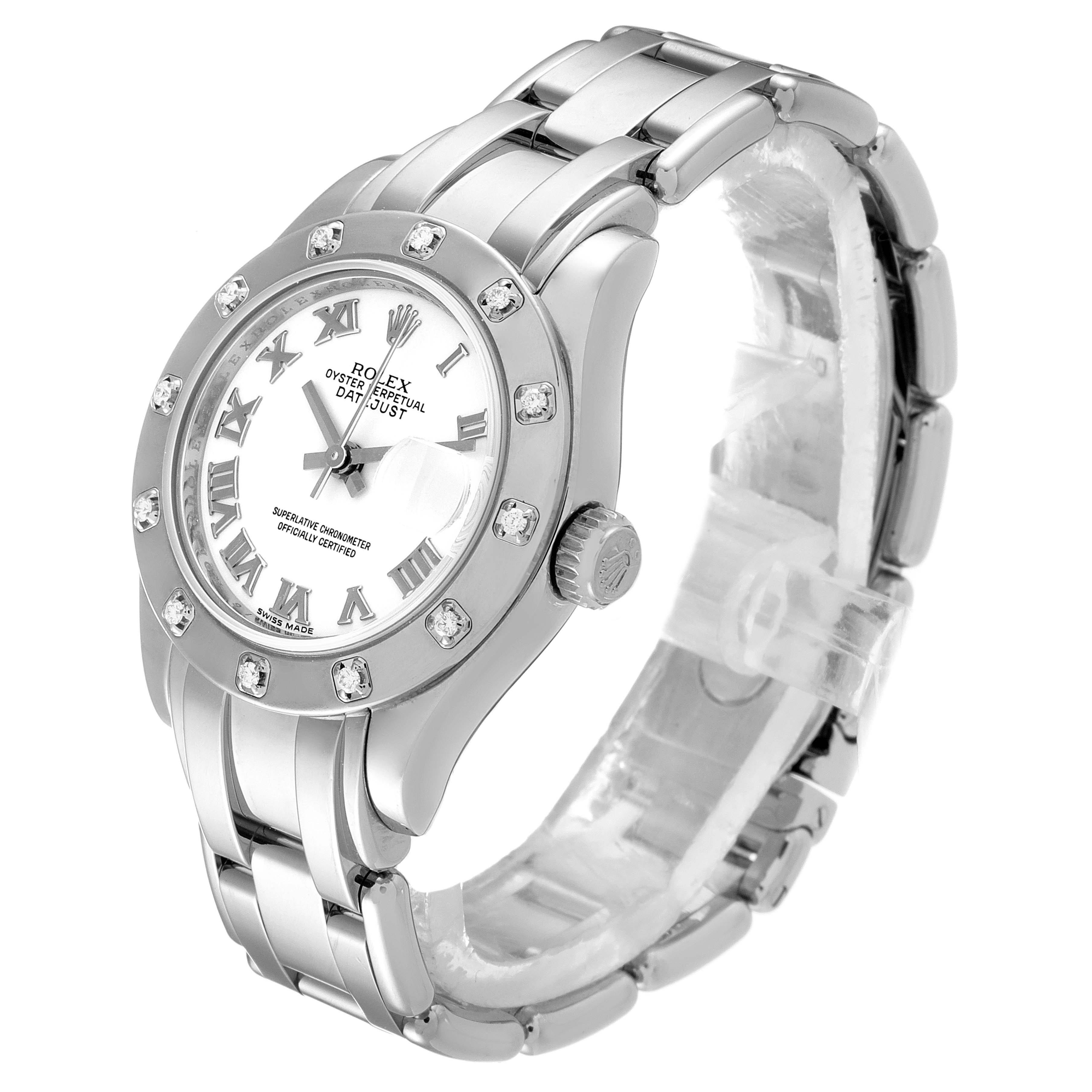 The Rolex Pearlmaster 80319 Women's White Gold White Dial 80319 Women's White Gold White Dial watch is shown at a slight angle, displaying its face, bezel, and part of the bracelet.