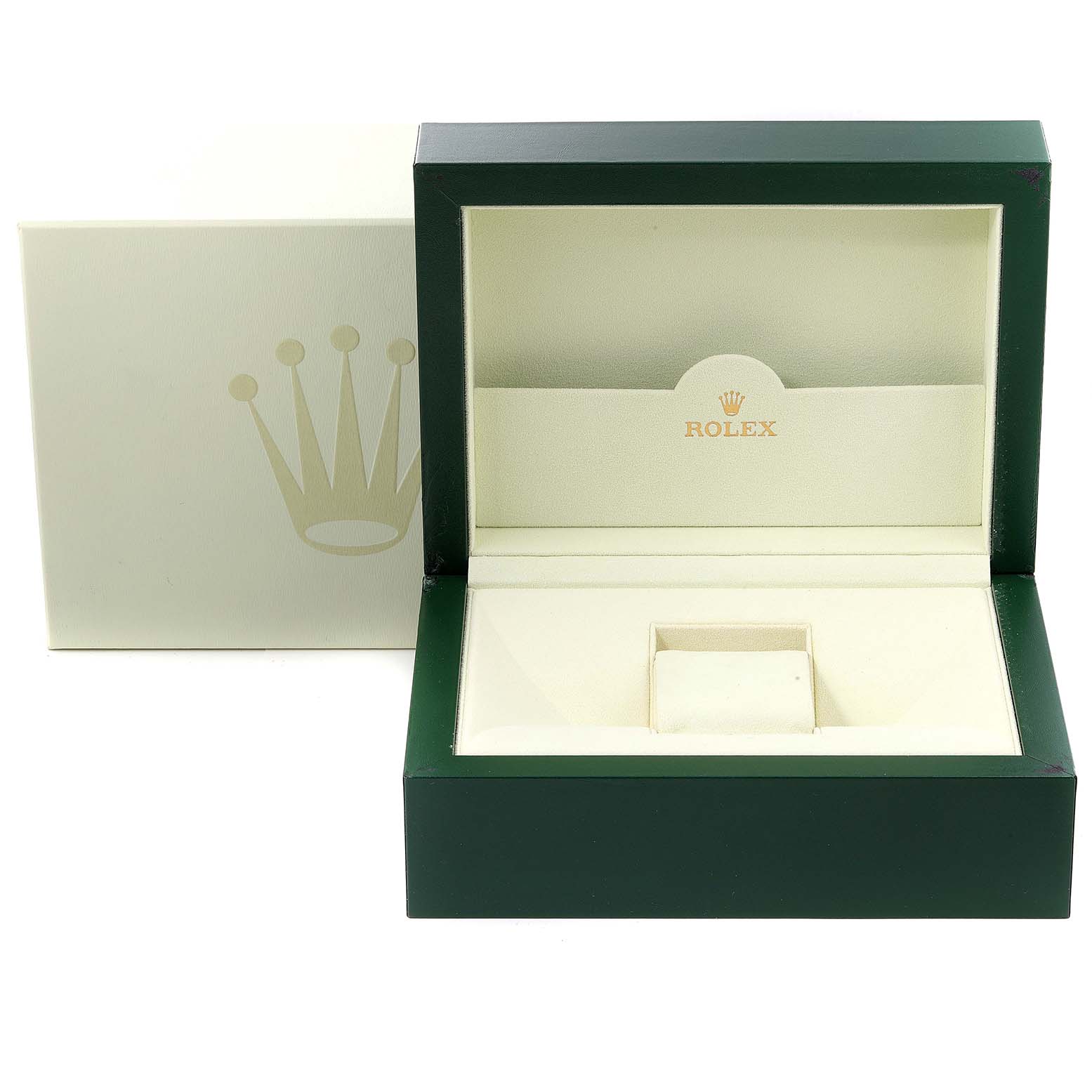 The image shows an open Rolex watch box for the Pearlmaster model, with an outer cream cover and green inner box.