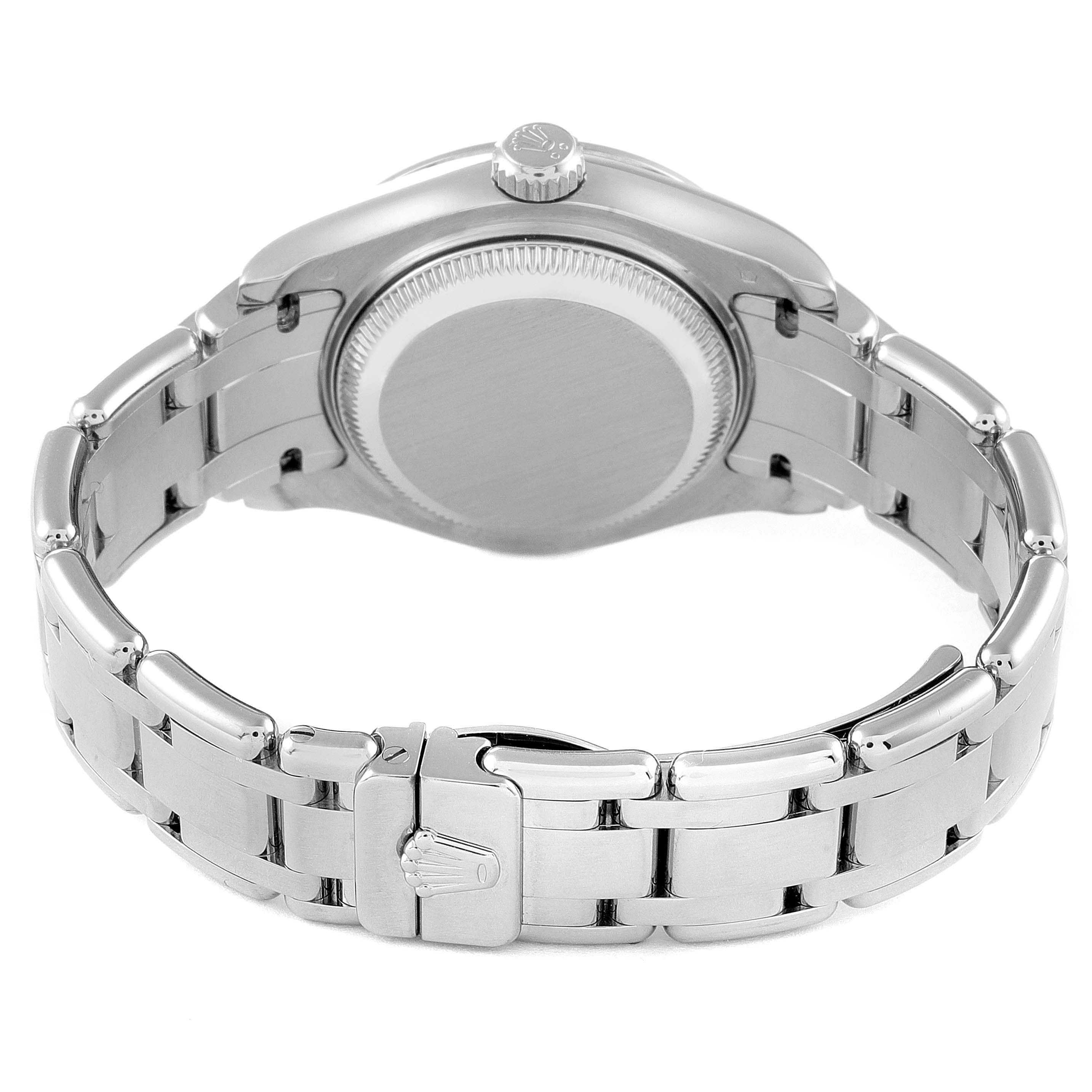 This image shows the back view of the Pearlmaster Rolex watch, highlighting the case, the crown, and the bracelet links with the clasp.