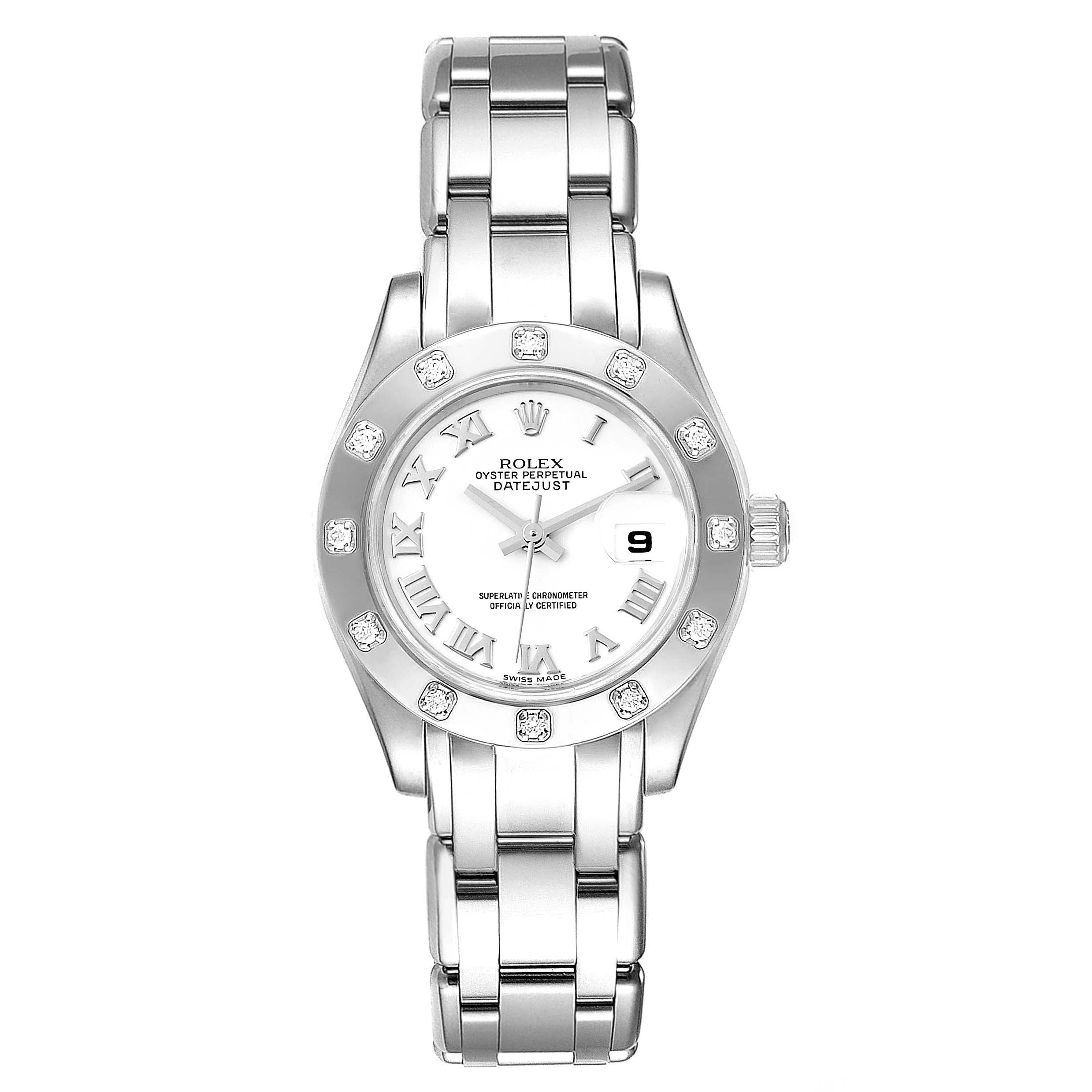 This image shows a frontal view of a Rolex Pearlmaster 80319 Women's White Gold White Dial 80319 Women's White Gold White Dial watch, including the face, bezel, and bracelet.