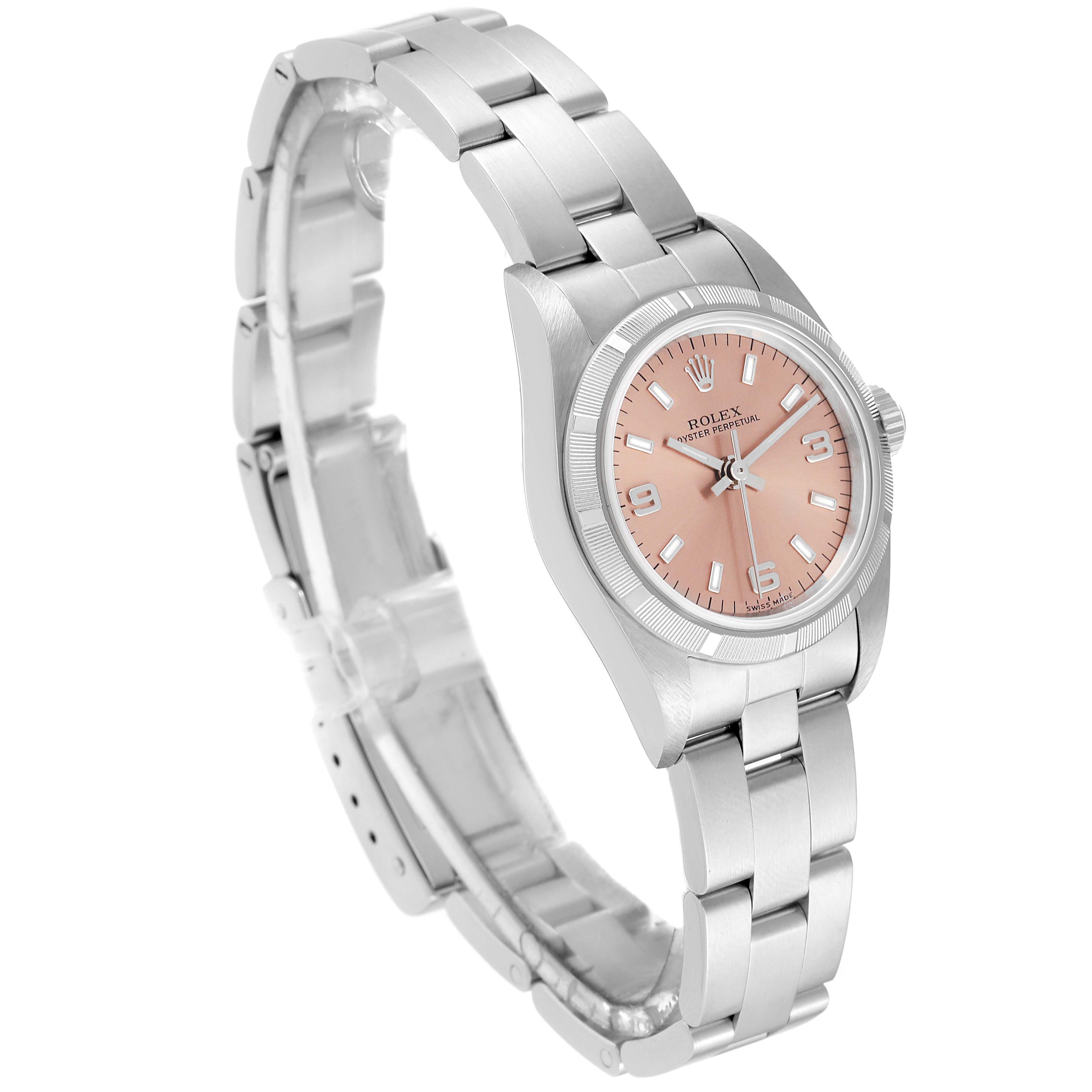 This image shows a Rolex Oyster Perpetual 76030 Women's Stainless Steel Orange Dial 76030 Women's Stainless Steel Orange Dial watch at a three-quarter angle, highlighting its bracelet, dial, and bezel.