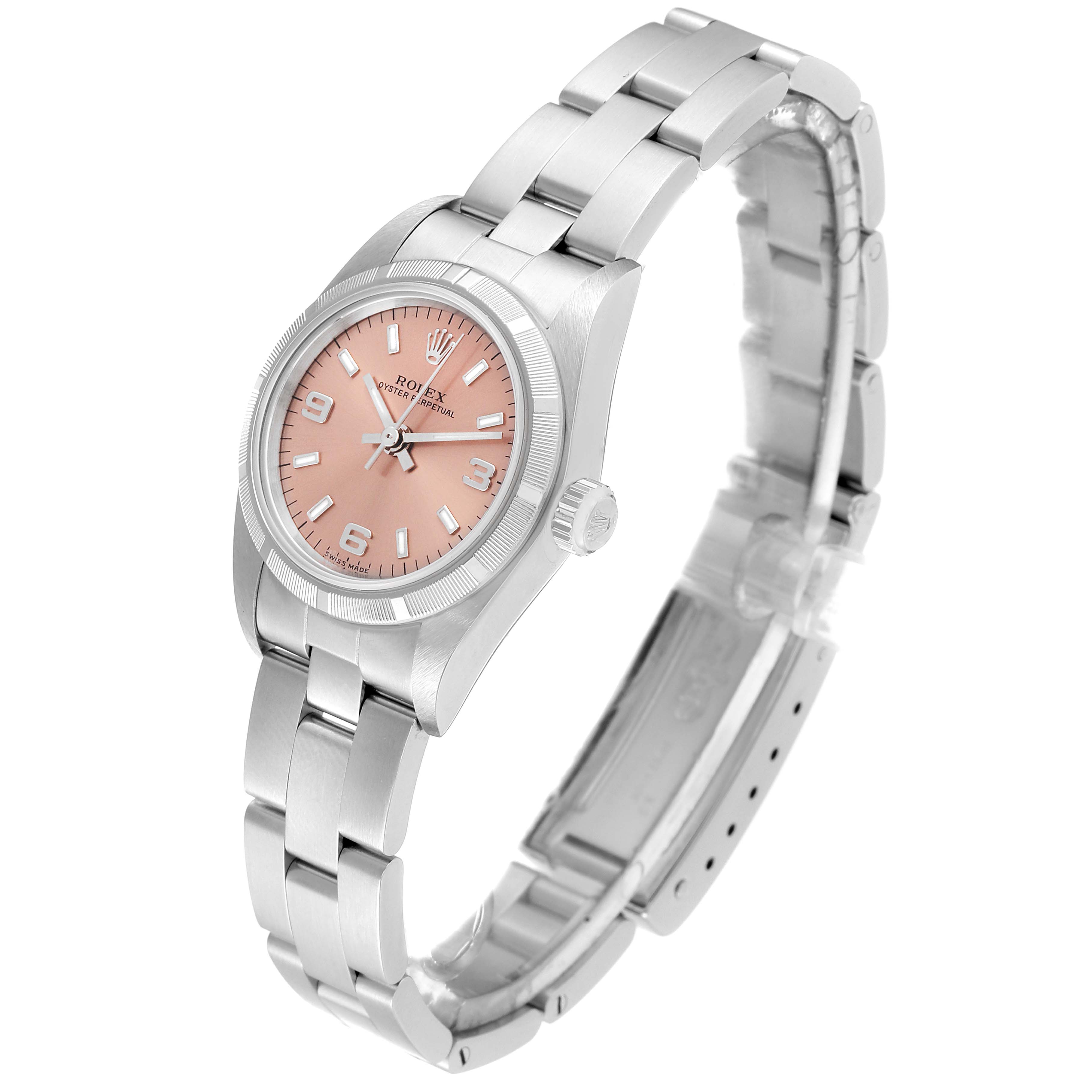 The image shows a Rolex Oyster Perpetual 76030 Women's Stainless Steel Orange Dial 76030 Women's Stainless Steel Orange Dial model watch at a three-quarter angle, displaying the dial, crown, and bracelet.