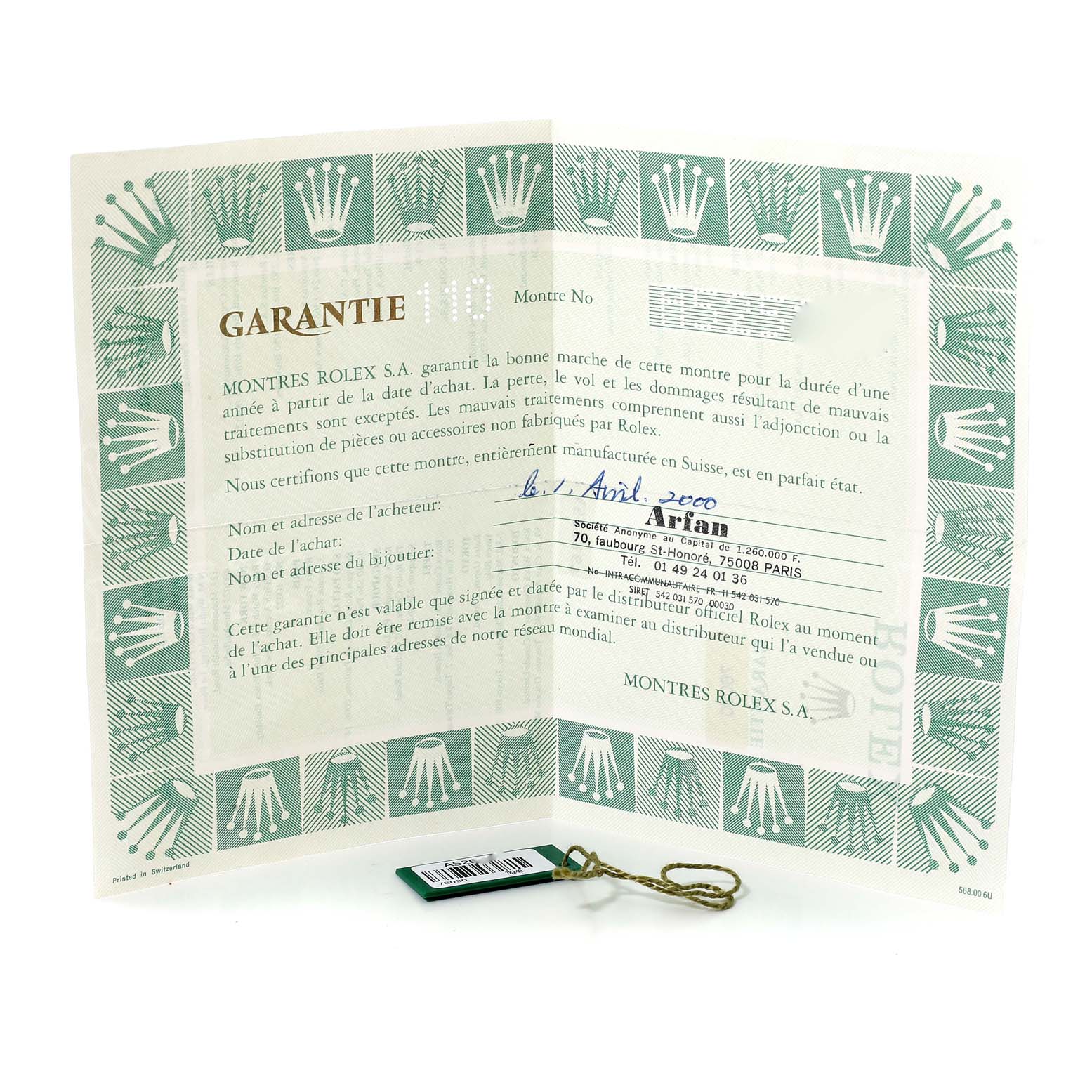 The image shows warranty paperwork and a hang tag for a Rolex Oyster Perpetual 76030 Women's Stainless Steel Orange Dial 76030 Women's Stainless Steel Orange Dial watch.