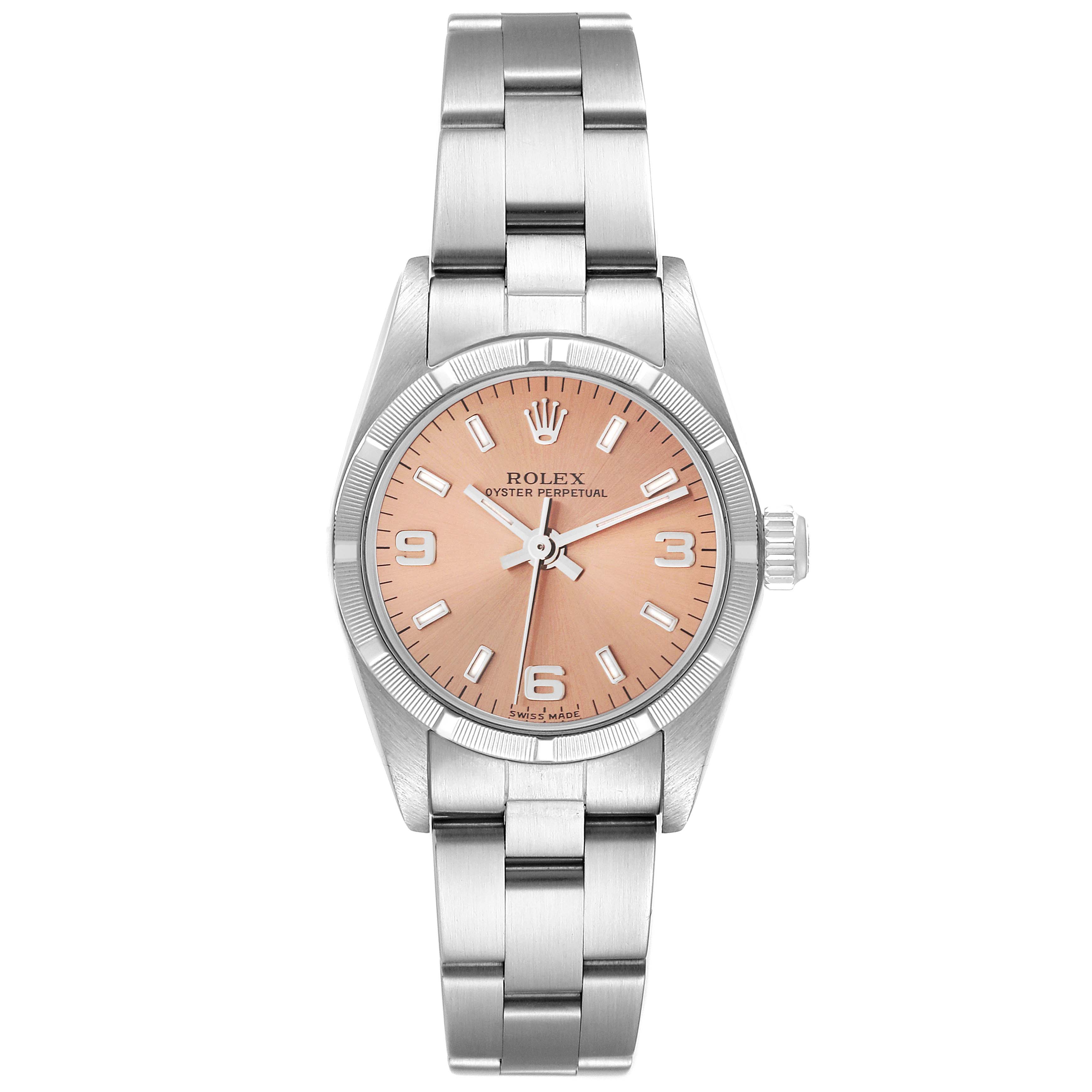 The image shows a Rolex Oyster Perpetual 76030 Women's Stainless Steel Orange Dial 76030 Women's Stainless Steel Orange Dial watch from a front angle, highlighting the face, bezel, crown, and bracelet.