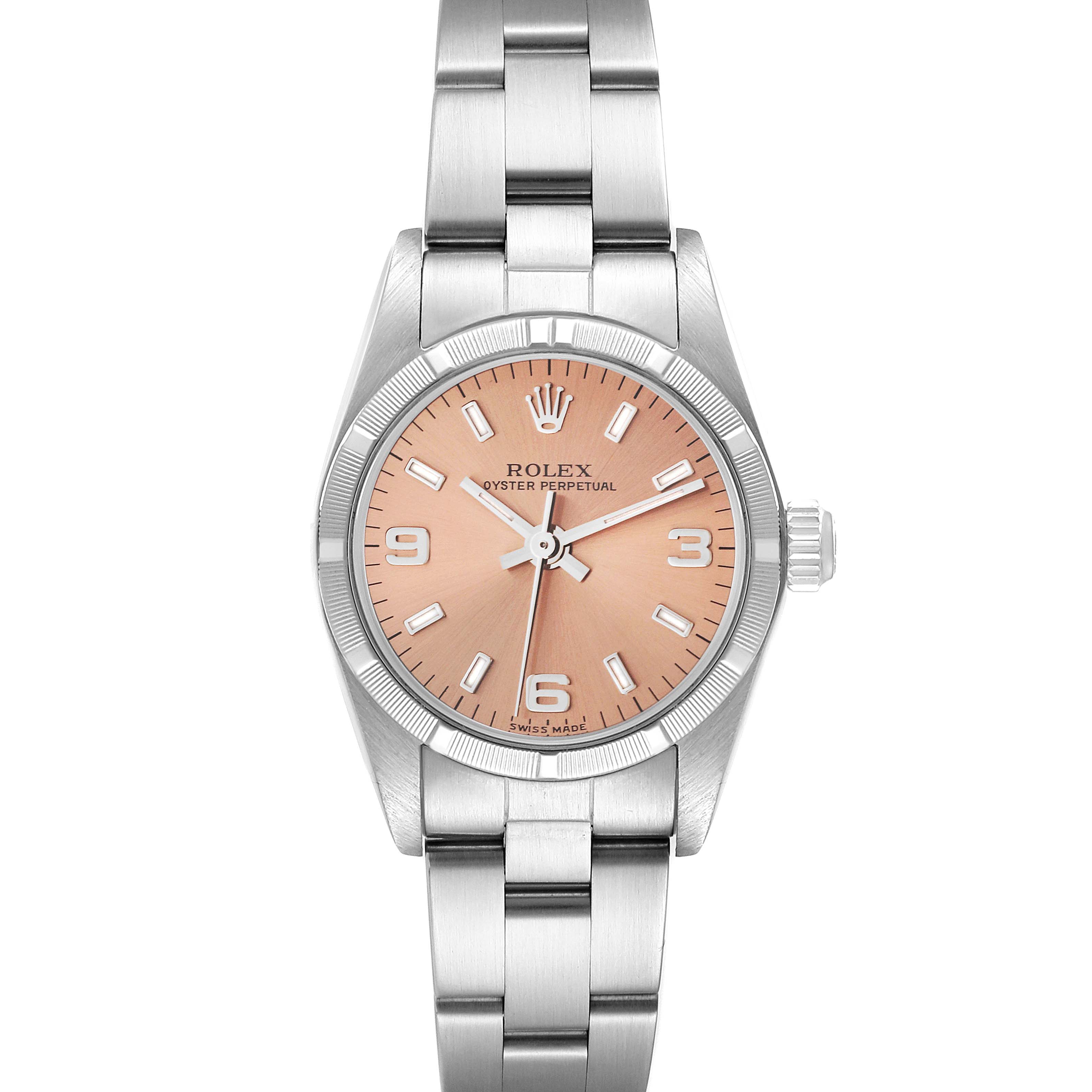 This image shows a Rolex Oyster Perpetual 76030 Women's Stainless Steel Orange Dial 76030 Women's Stainless Steel Orange Dial watch from a front angle, highlighting its face, bezel, case, bracelet, and crown.