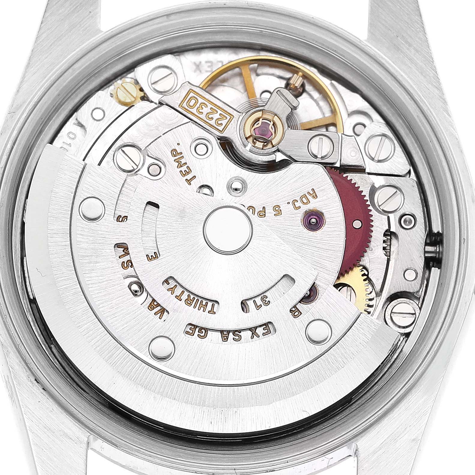 This image shows the back view of a Rolex Oyster Perpetual 76030 Women's Stainless Steel Orange Dial 76030 Women's Stainless Steel Orange Dial watch, highlighting its intricate internal mechanical movement.