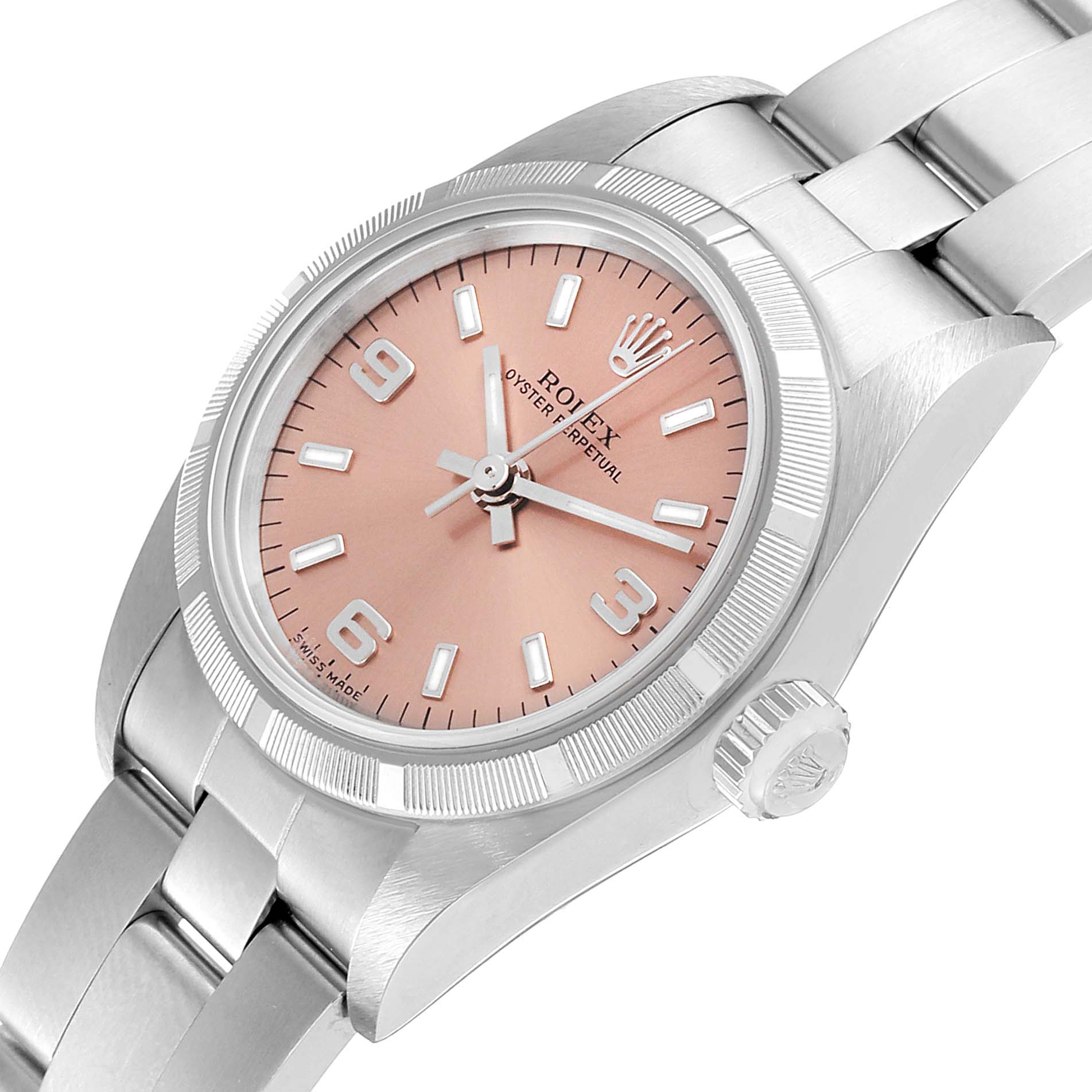 This image shows the Rolex Oyster Perpetual 76030 Women's Stainless Steel Orange Dial 76030 Women's Stainless Steel Orange Dial watch from an angled top view, highlighting its dial, case, and bracelet.