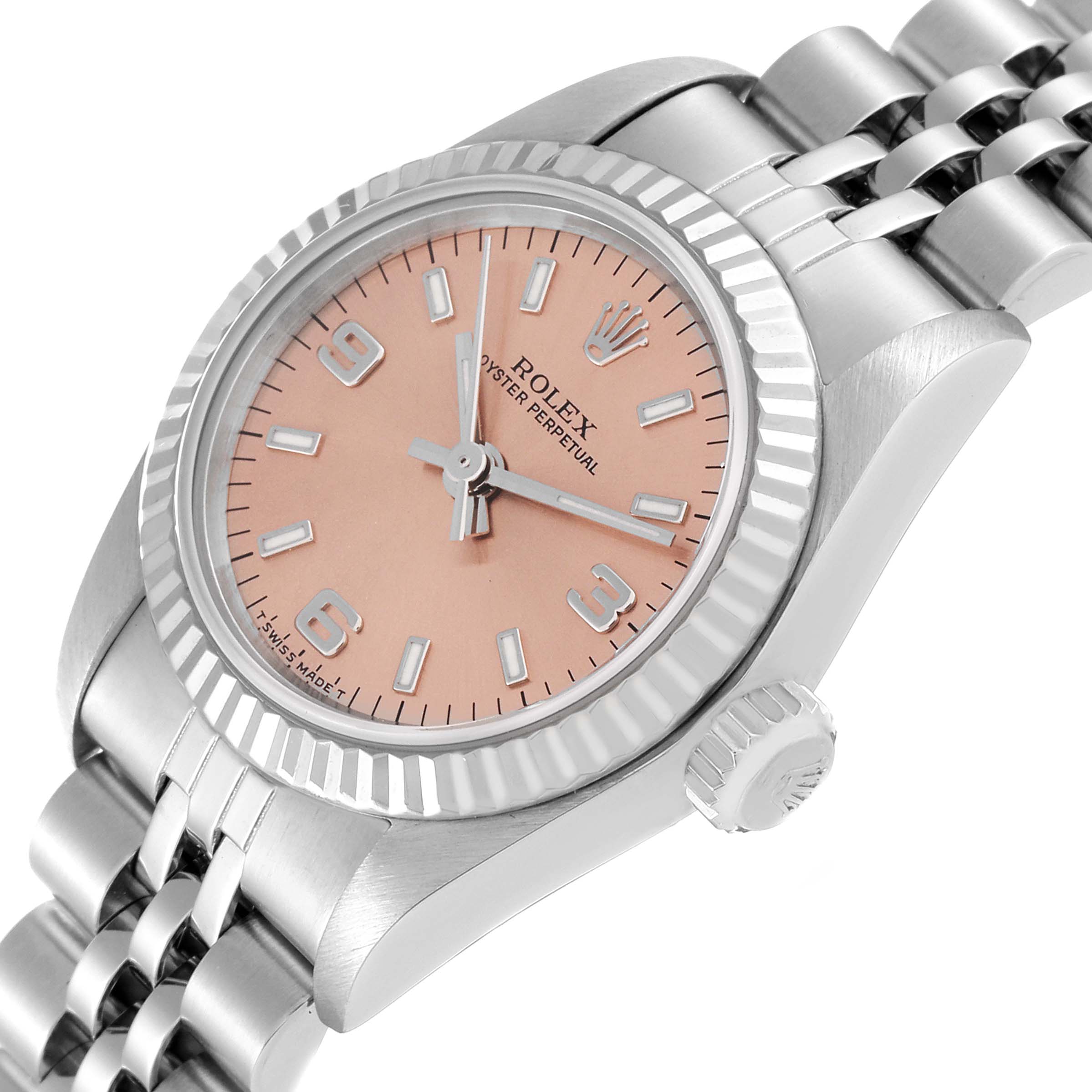 This image shows a Rolex Oyster Perpetual 67194 Women's Stainless Steel Orange Dial 67194 Women's Stainless Steel Orange Dial watch angled slightly from above, highlighting the dial, bezel, crown, and bracelet.