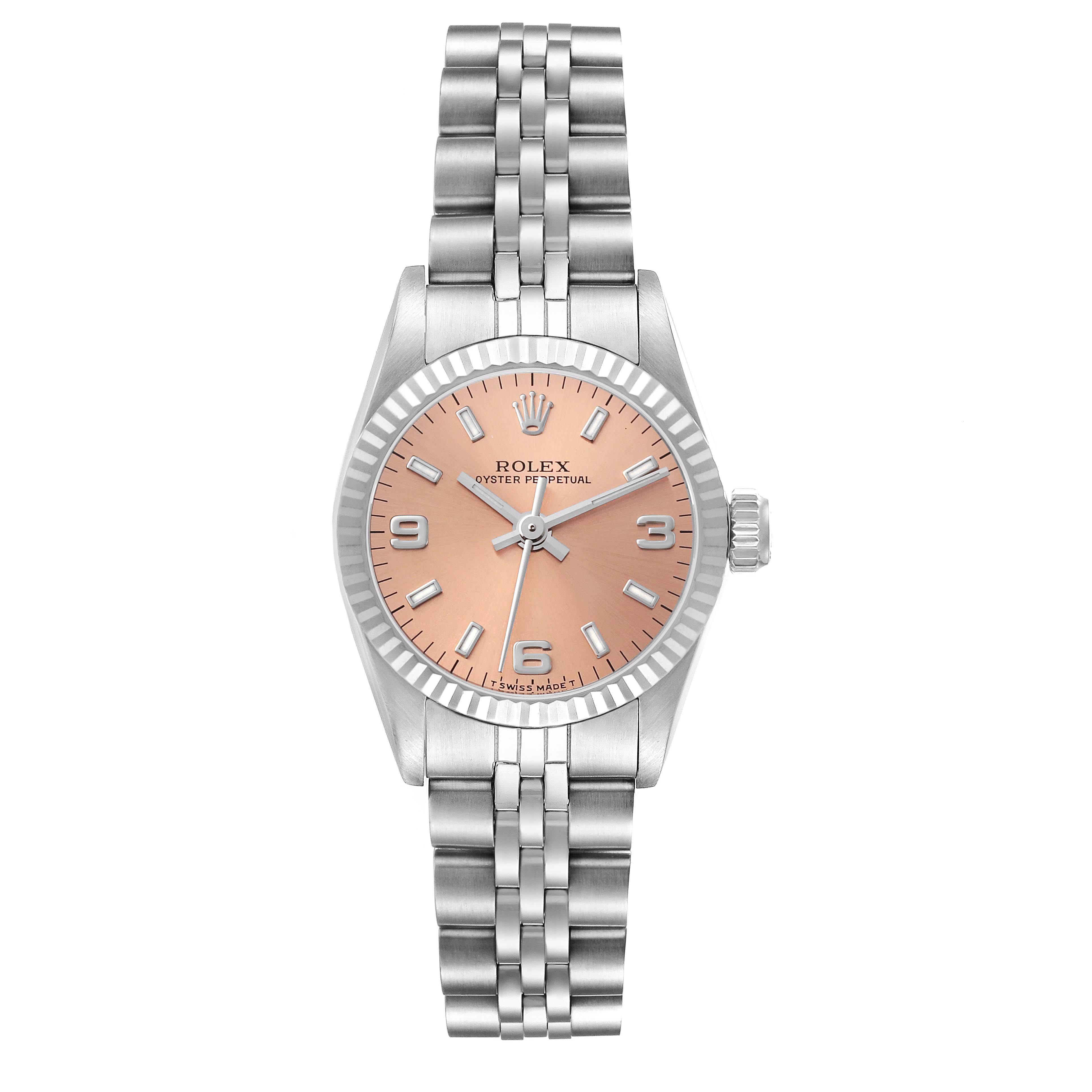 This image shows a full view of the Rolex Oyster Perpetual 67194 Women's Stainless Steel Orange Dial 67194 Women's Stainless Steel Orange Dial watch, highlighting its pink dial, bezel, crown, and bracelet.