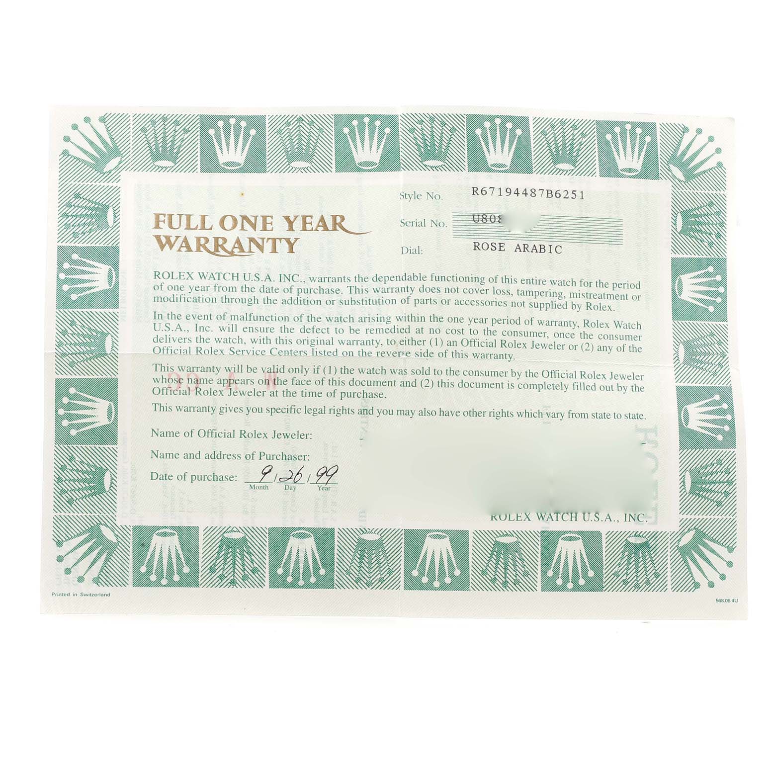 This is a warranty card for a Rolex Oyster Perpetual 67194 Women's Stainless Steel Orange Dial 67194 Women's Stainless Steel Orange Dial watch, showing details such as the style and serial number.