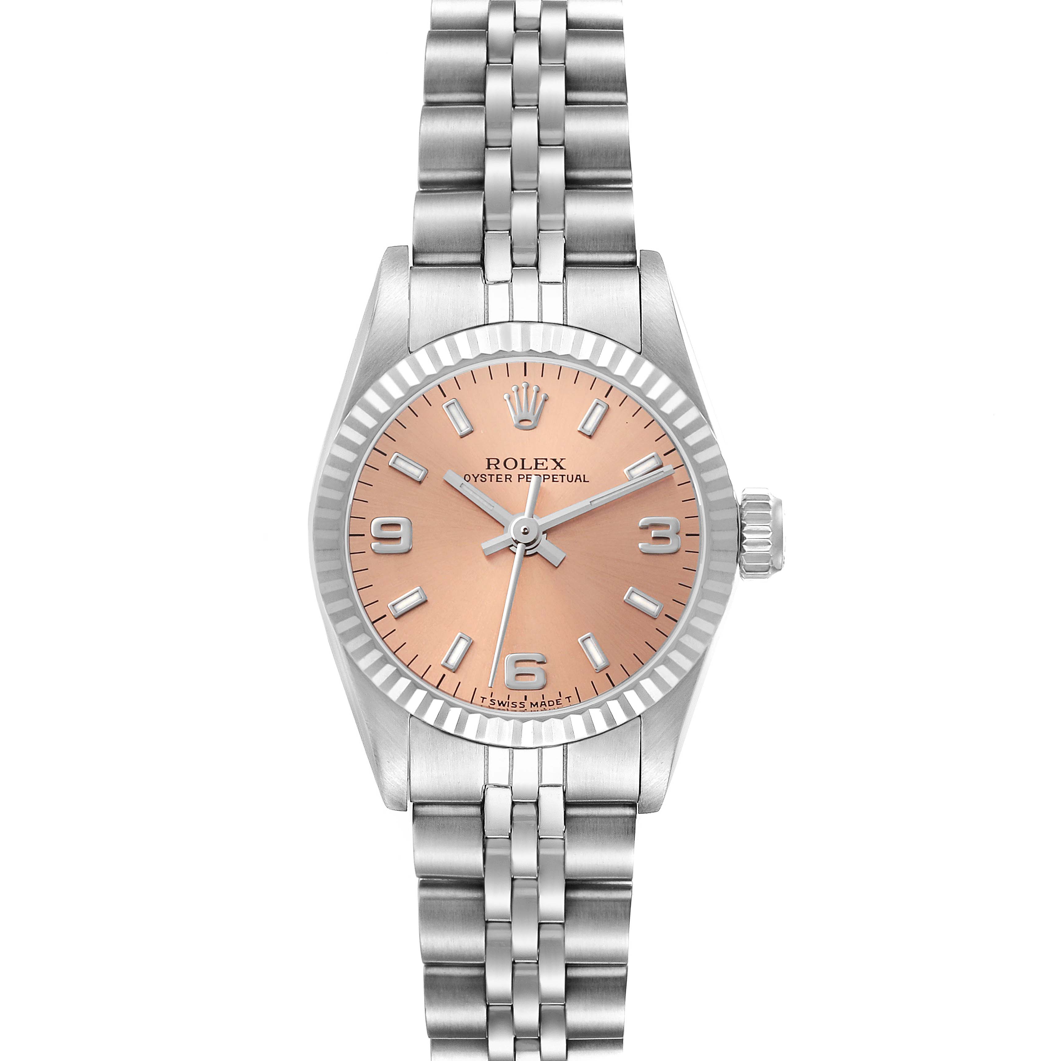 This image shows a front view of a Rolex Oyster Perpetual 67194 Women's Stainless Steel Orange Dial 67194 Women's Stainless Steel Orange Dial watch with a pink dial and metal bracelet.
