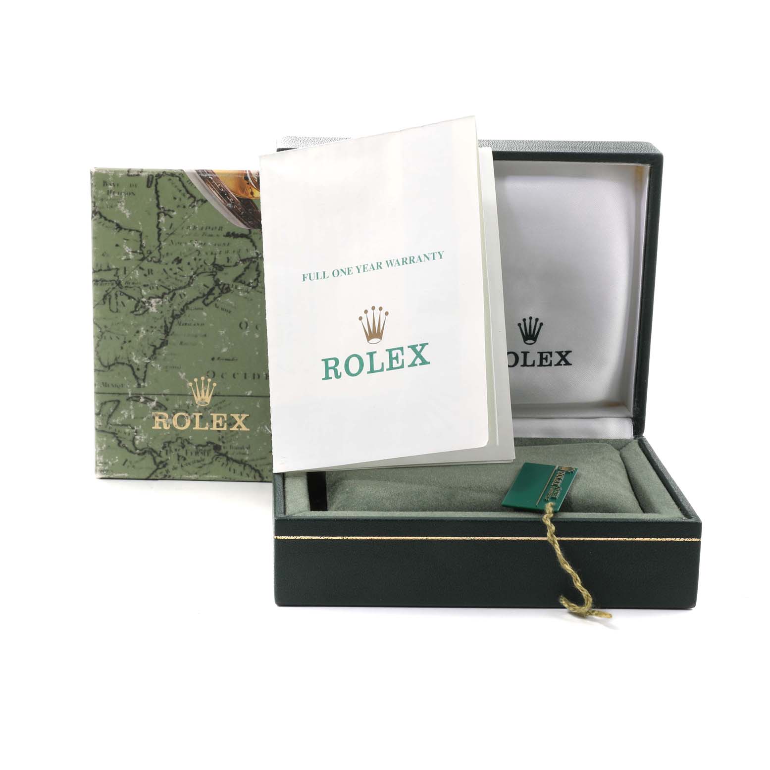 This image shows the packaging and accessories of a Rolex Oyster Perpetual 67194 Women's Stainless Steel Orange Dial 67194 Women's Stainless Steel Orange Dial watch, including a box, warranty card, and tag.