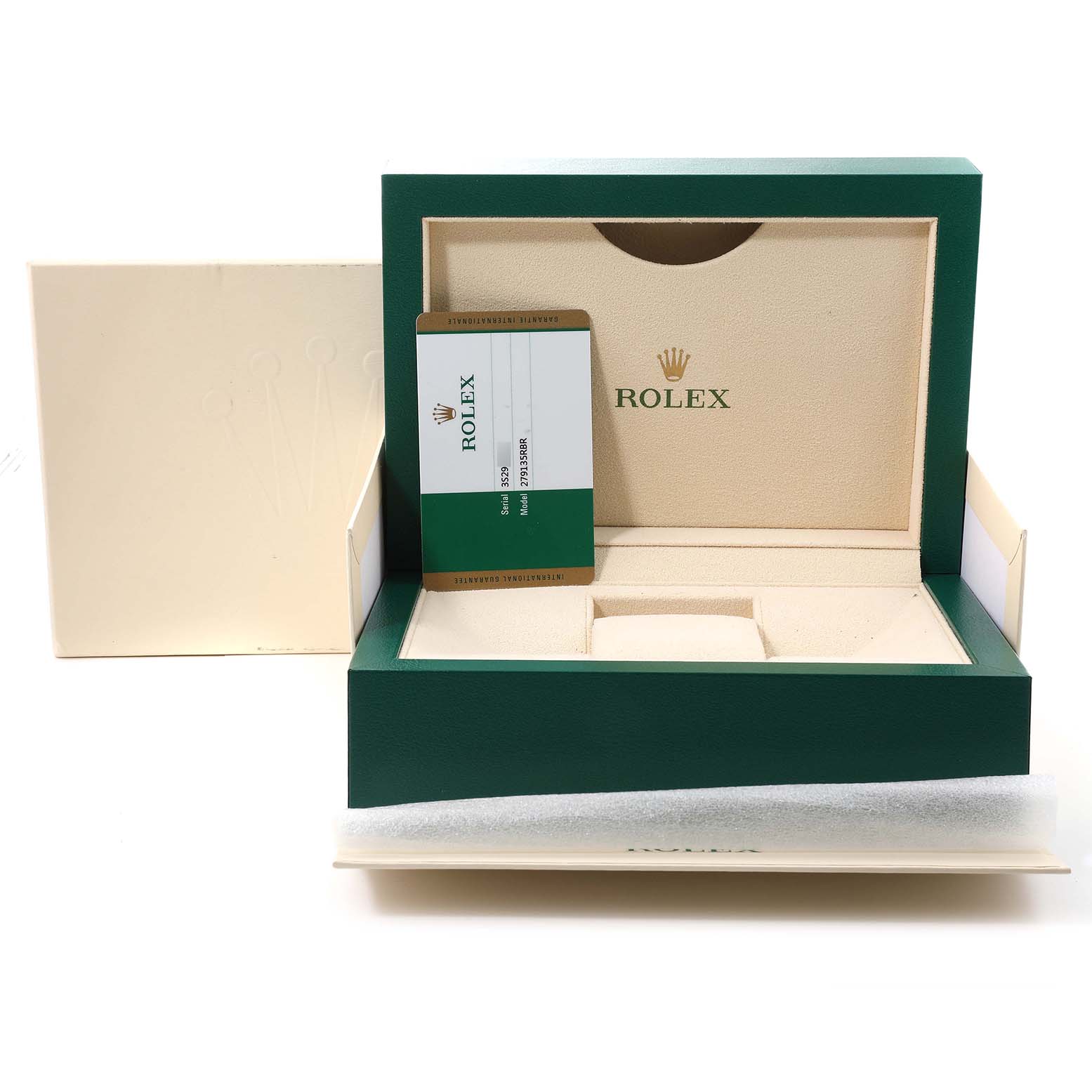 The image shows the open box and a warranty card for a Rolex President 279135 Women's Rose Gold Champagne Dial 279135 Women's Rose Gold Champagne Dial model watch.