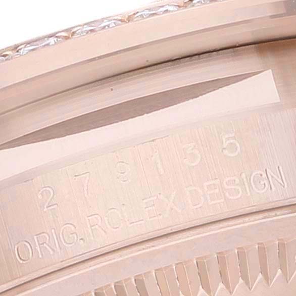 This image shows a close-up angle of the case and model number engraving on the Rolex President 279135 Women's Rose Gold Champagne Dial 279135 Women's Rose Gold Champagne Dial watch.