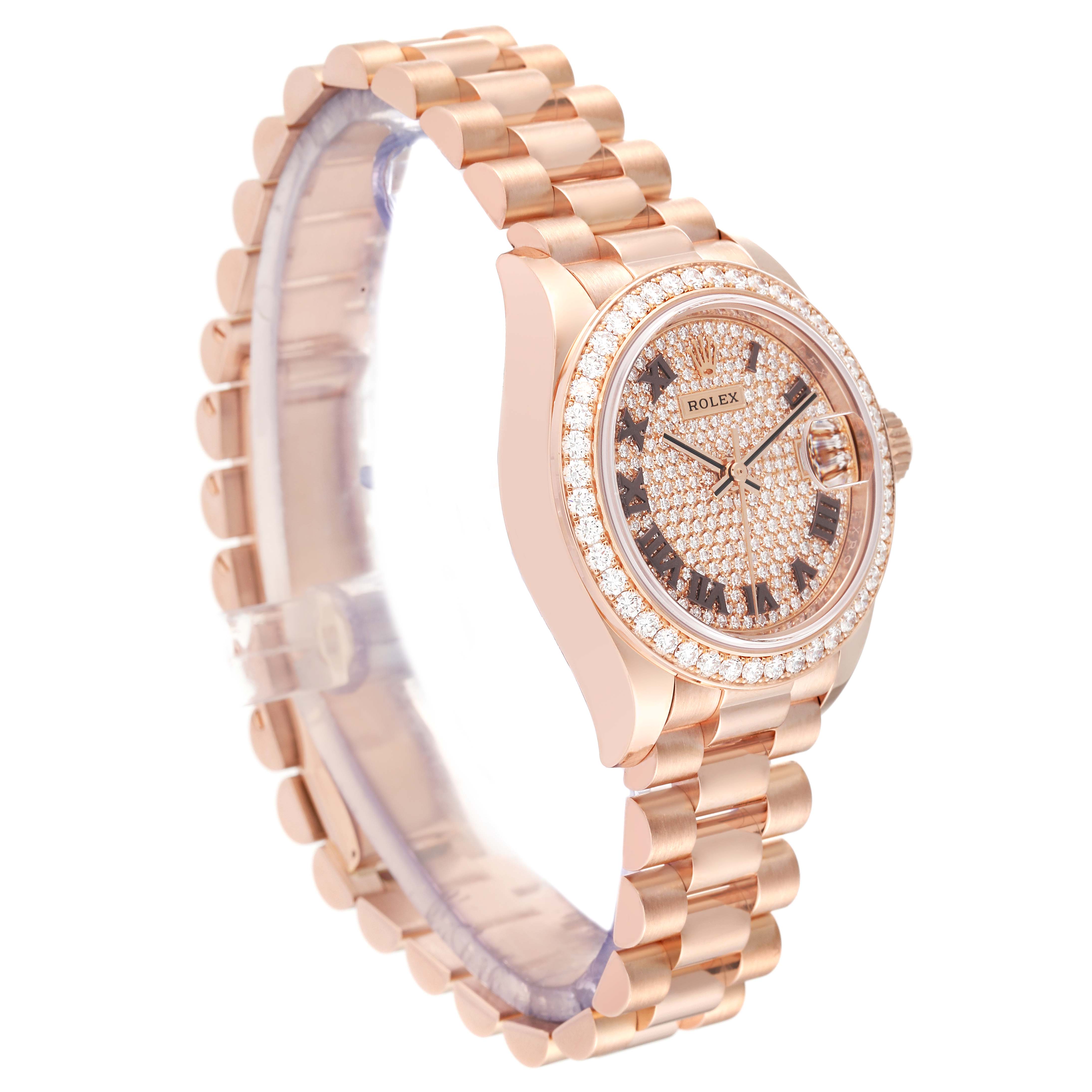 The image shows a side angle of a Rolex President 279135 Women's Rose Gold Champagne Dial 279135 Women's Rose Gold Champagne Dial model watch, highlighting its band, case, and diamond-studded face.