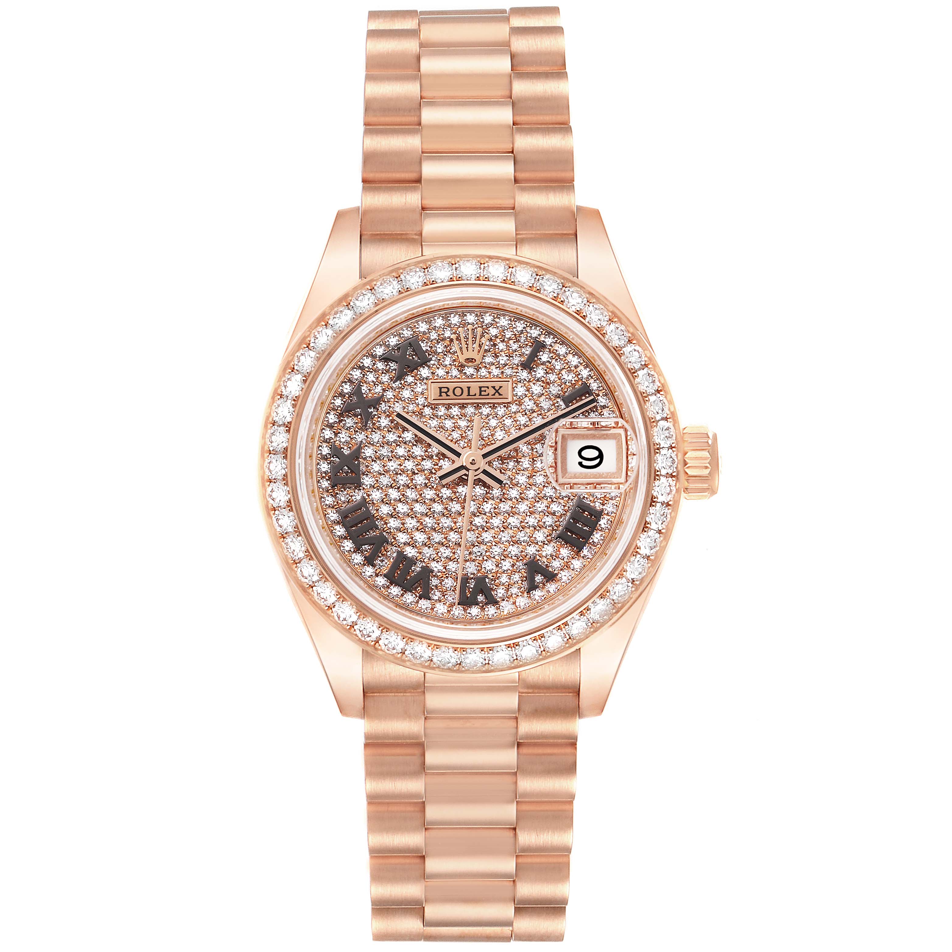 The image shows a front view of a Rolex President 279135 Women's Rose Gold Champagne Dial 279135 Women's Rose Gold Champagne Dial model watch, highlighting its bracelet, dial, hands, and date window.