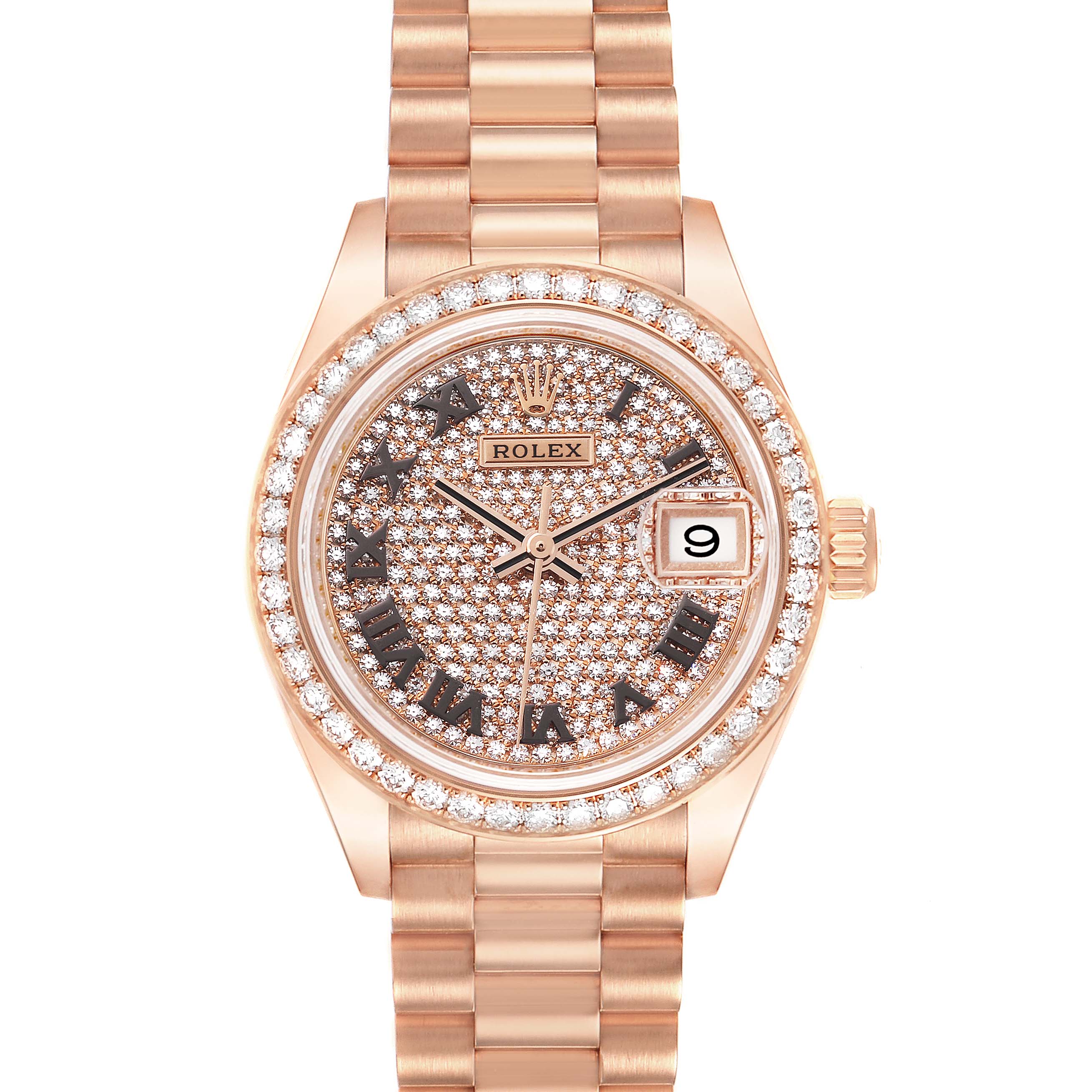The image shows a front view of a Rolex President 279135 Women's Rose Gold Champagne Dial 279135 Women's Rose Gold Champagne Dial model watch, highlighting the dial, bezel, and bracelet.