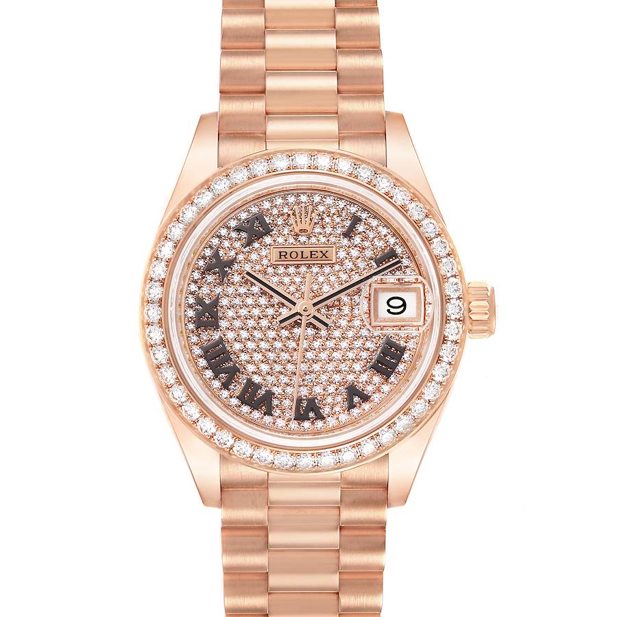 Rolex President 28 Rose Gold Pave Diamond Dial Ladies Watch 279135 SwissWatchExpo