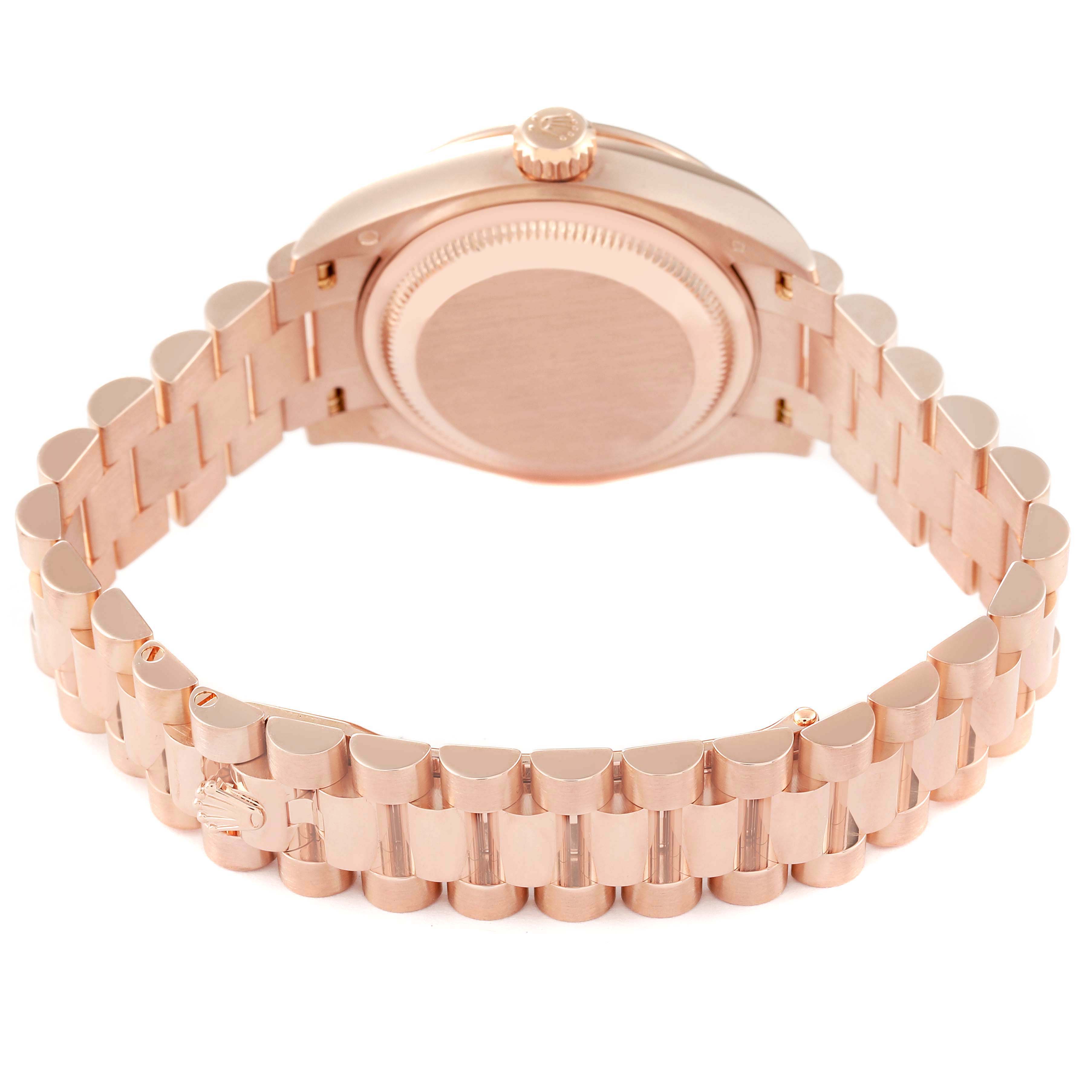 This image shows the back view of a Rolex President 279135 Women's Rose Gold Champagne Dial 279135 Women's Rose Gold Champagne Dial model watch, highlighting its case back and bracelet.