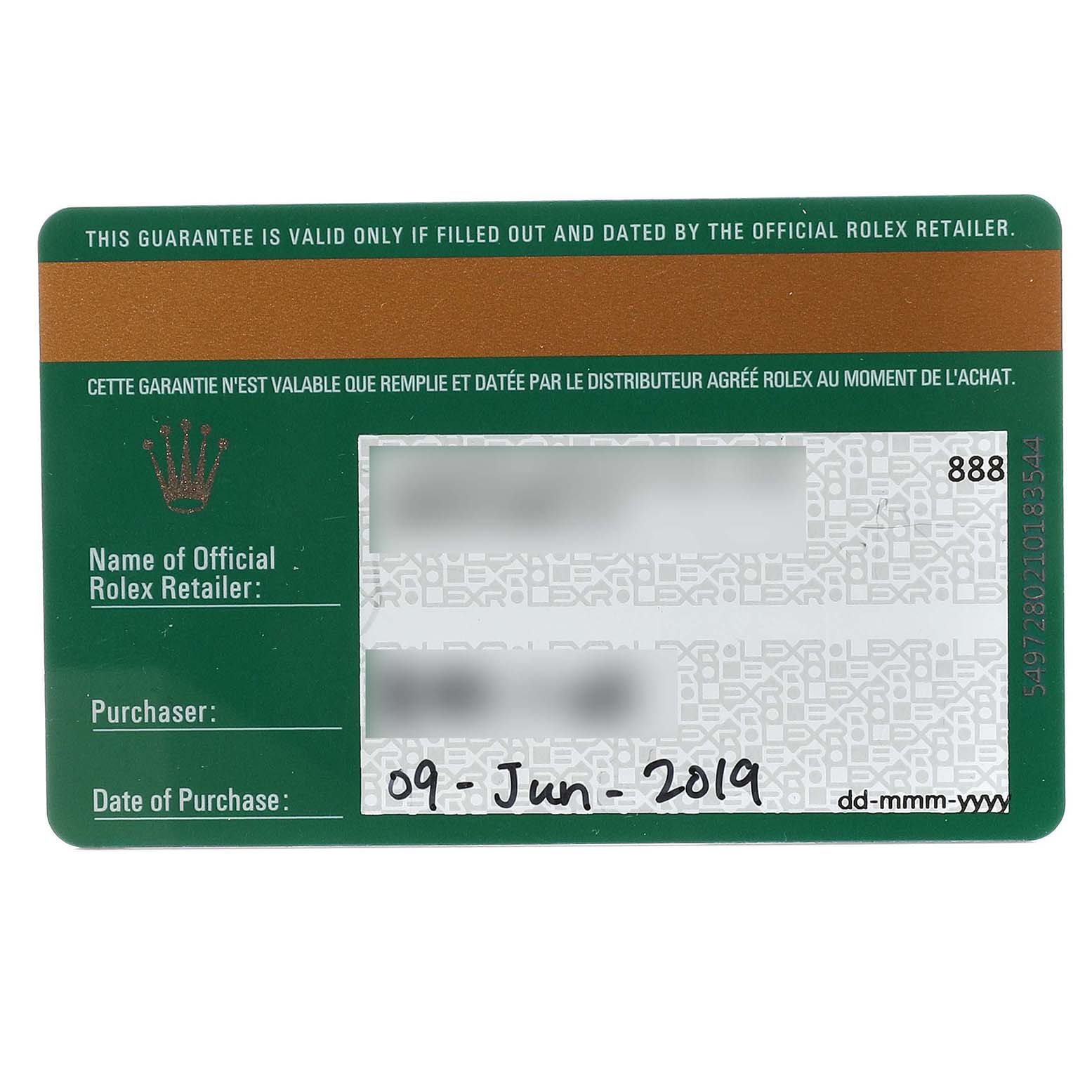 This image shows the front side of a Rolex guarantee card for the Rolex President 279135 Women's Rose Gold Champagne Dial 279135 Women's Rose Gold Champagne Dial model.