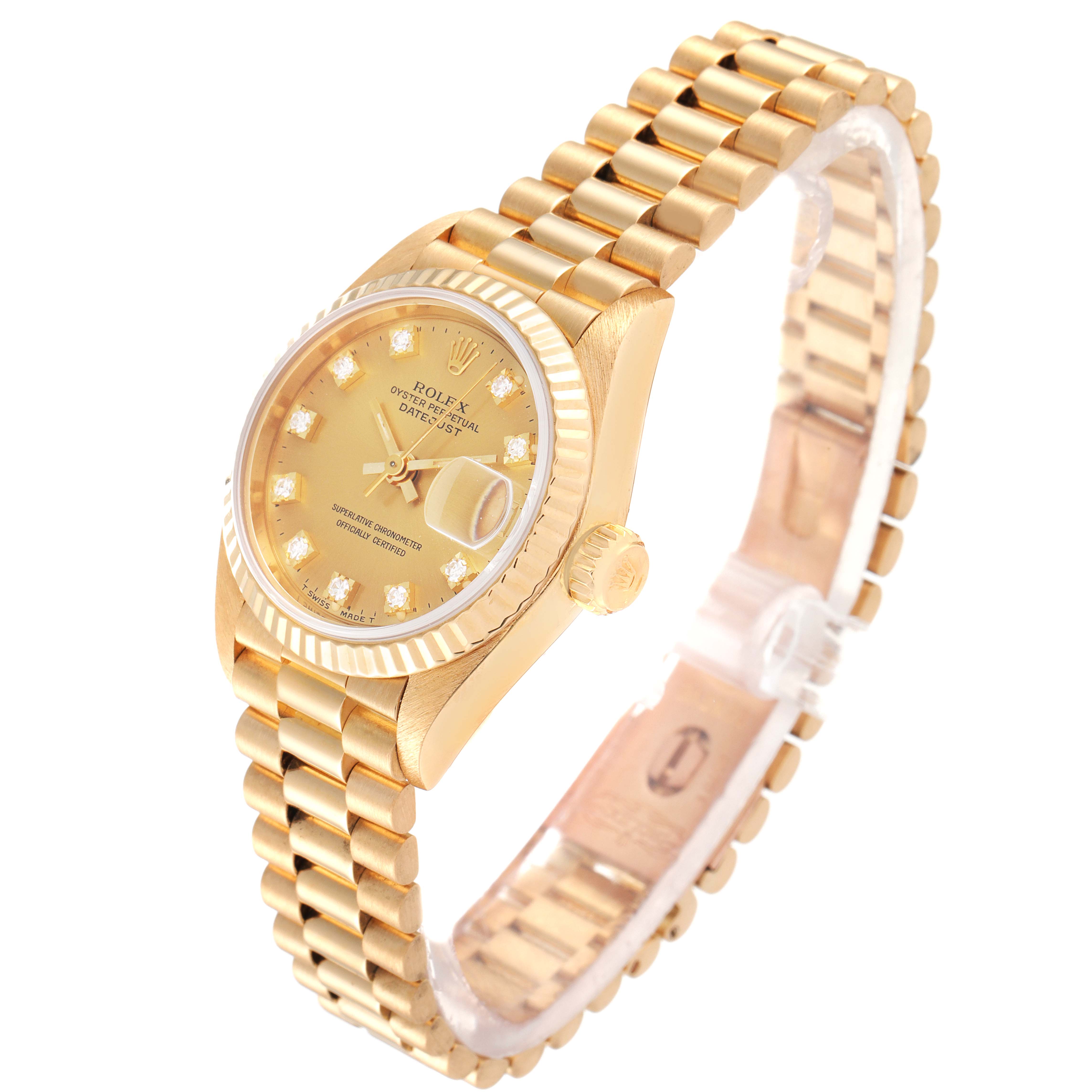 The image shows a side and front angle of a Rolex President 69178 Women's Yellow Gold Champagne Dial 69178 Women's Yellow Gold Champagne Dial model watch, highlighting its gold bracelet, dial, and crown.