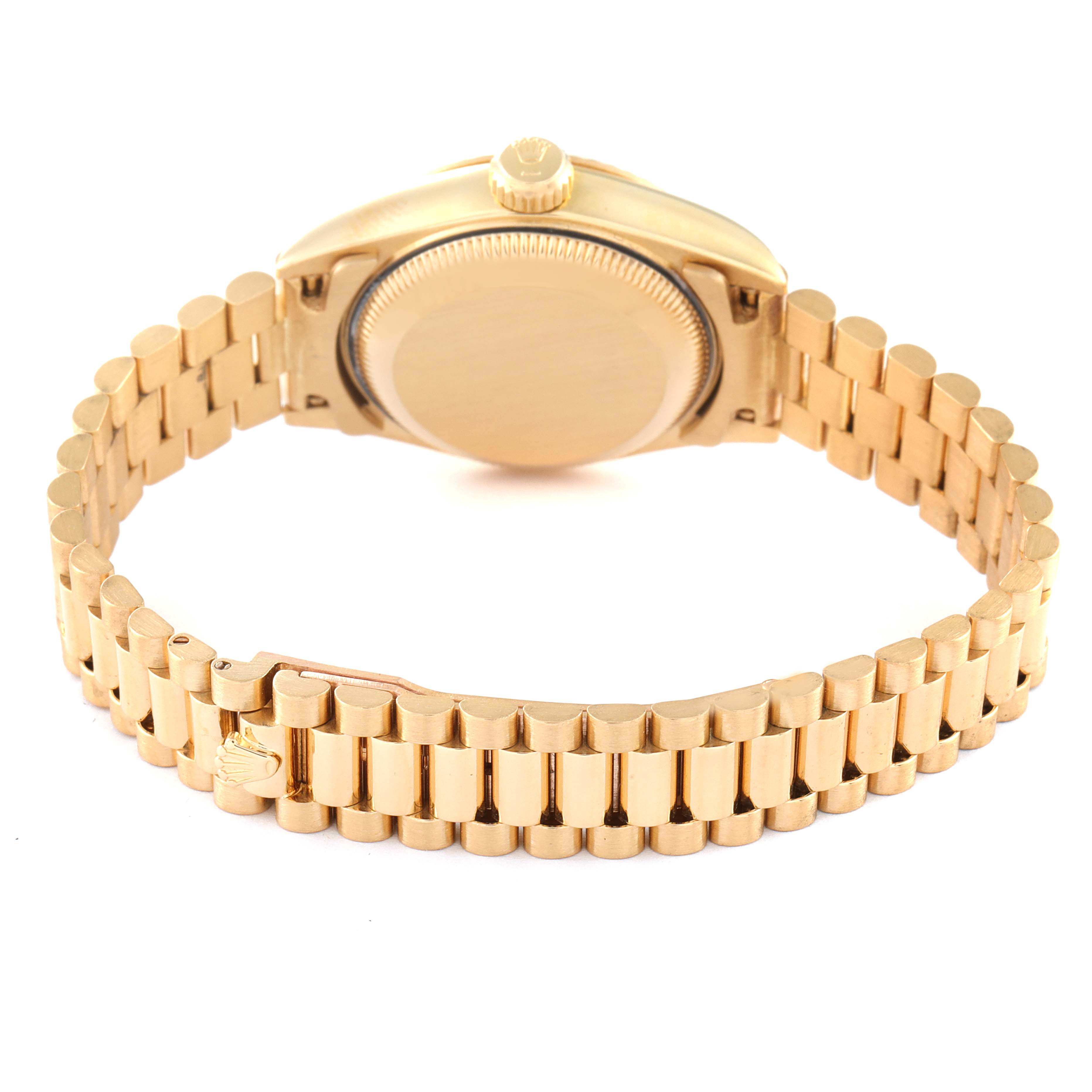 This image shows the back case and gold bracelet of a Rolex President 69178 Women's Yellow Gold Champagne Dial 69178 Women's Yellow Gold Champagne Dial model watch from a rear angle.