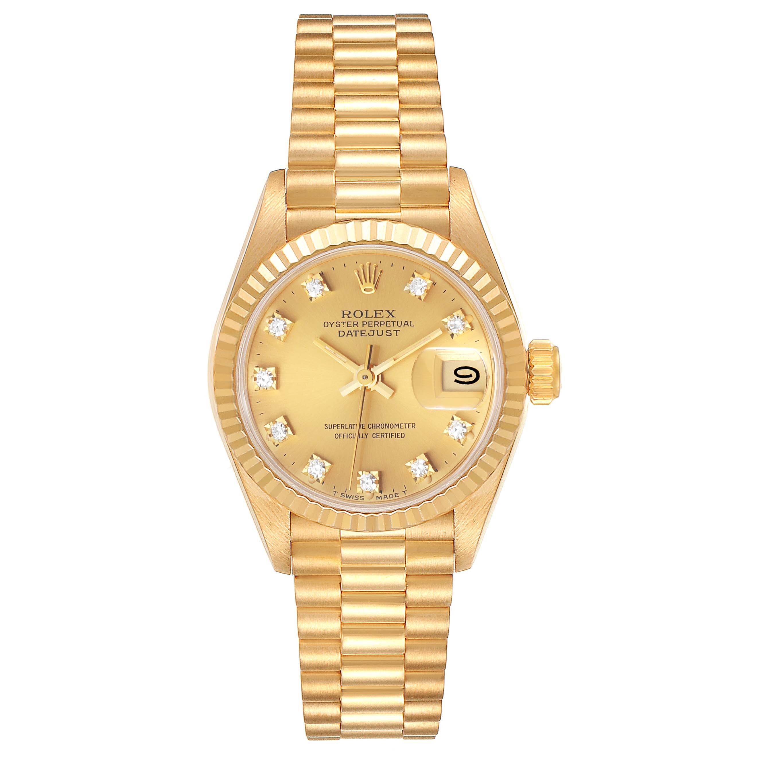 The image shows a frontal view of a Rolex President 69178 Women's Yellow Gold Champagne Dial 69178 Women's Yellow Gold Champagne Dial model watch with a gold dial, fluted bezel, and link bracelet.