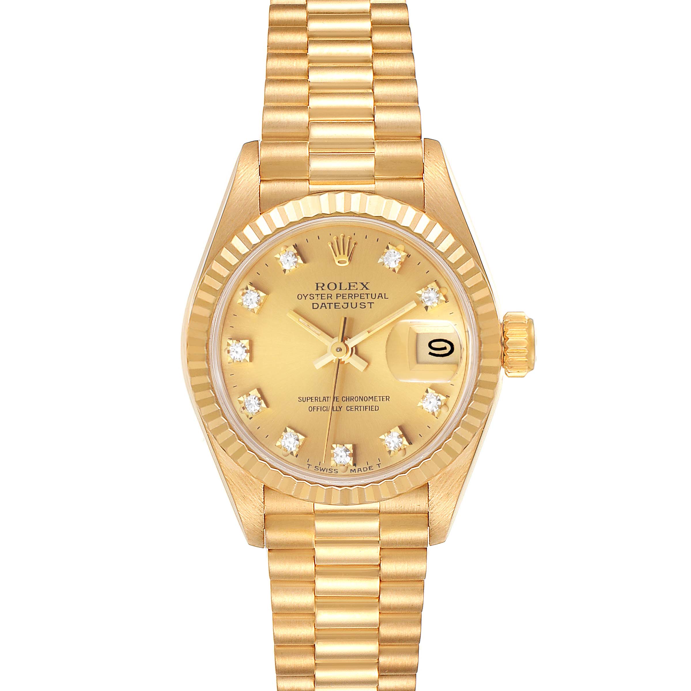 The image shows a front view of the Rolex President 69178 Women's Yellow Gold Champagne Dial 69178 Women's Yellow Gold Champagne Dial model watch, featuring the dial, hands, bracelet, and date magnifier.