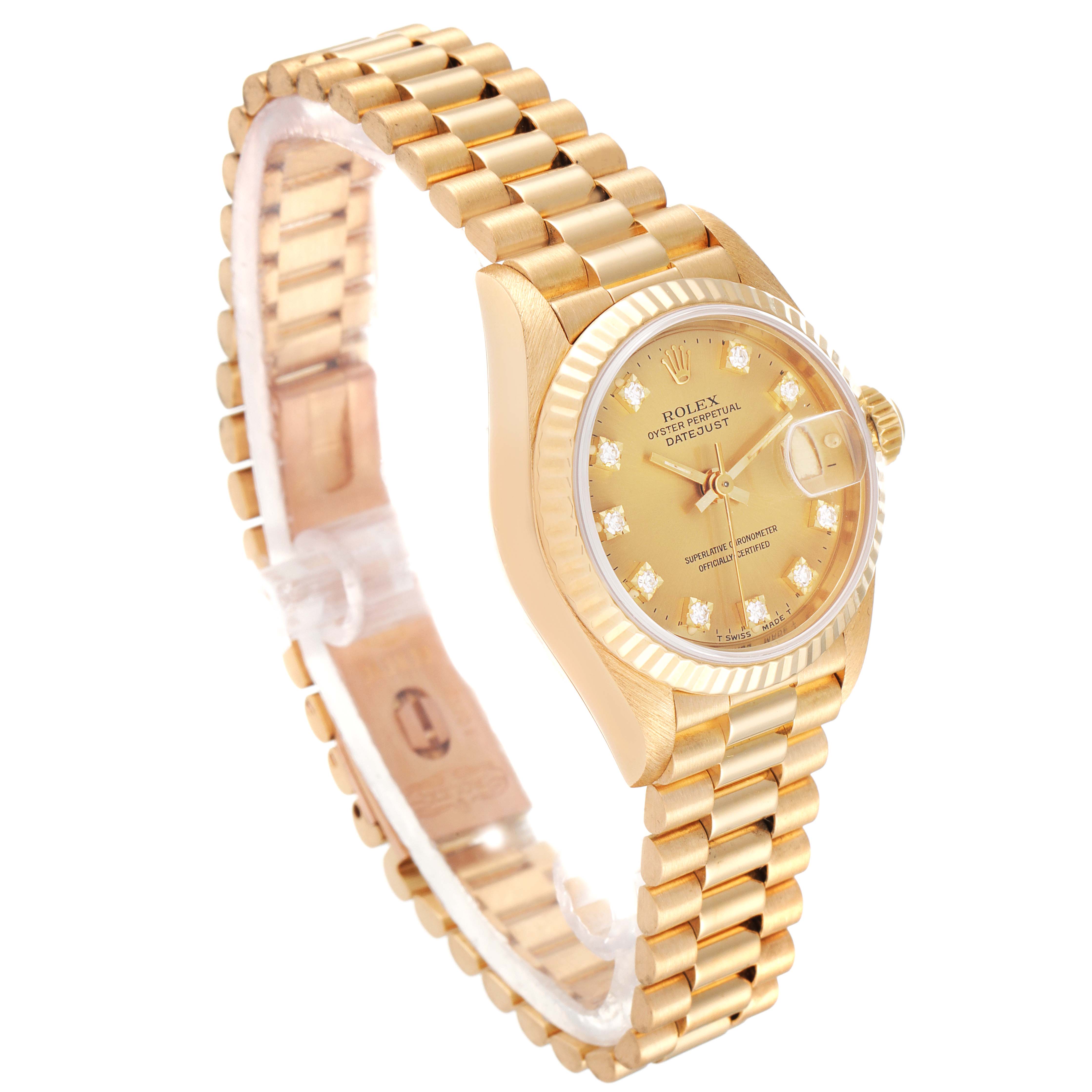 The image shows the Rolex President 69178 Women's Yellow Gold Champagne Dial 69178 Women's Yellow Gold Champagne Dial model watch, featuring a gold bracelet, fluted bezel, and diamond hour markers, viewed from an angle.