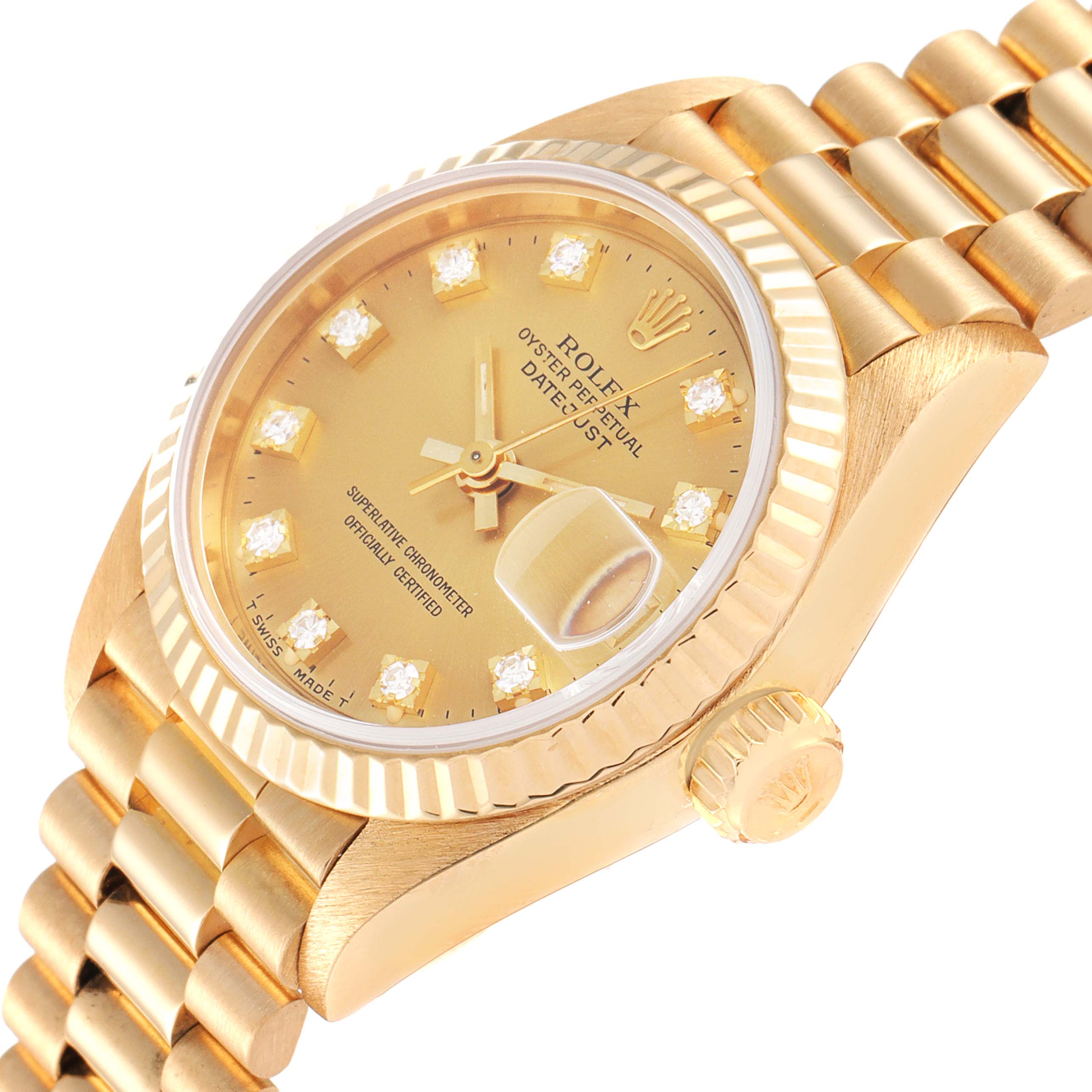 The image shows a close-up angle of the Rolex President 69178 Women's Yellow Gold Champagne Dial 69178 Women's Yellow Gold Champagne Dial model, highlighting its gold case, dial, date magnifier, and part of the bracelet.