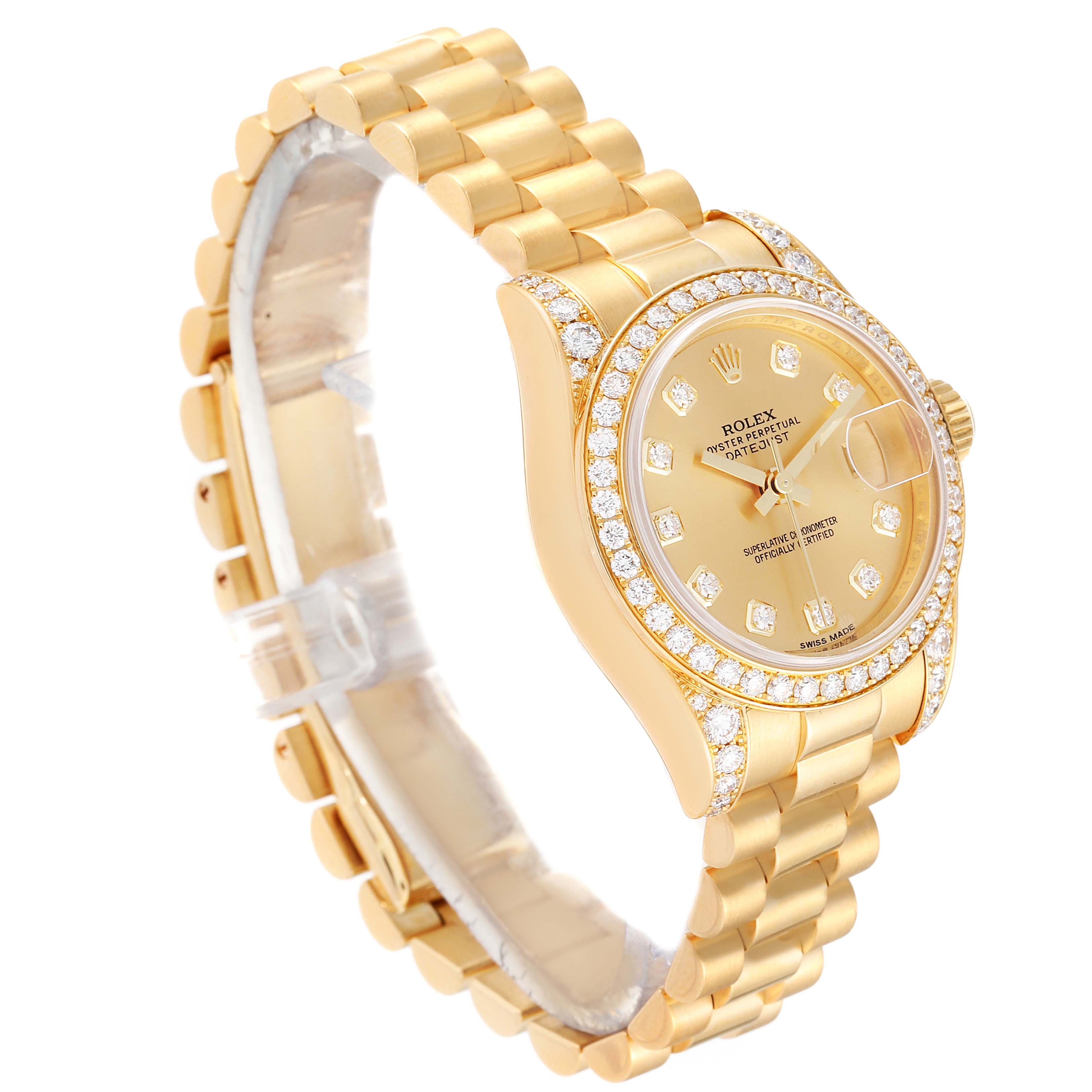 The image shows a side angle of a Rolex President 179158 Women's Yellow Gold Champagne Dial 179158 Women's Yellow Gold Champagne Dial model watch, highlighting its gold bracelet, diamond-encrusted bezel, and dial.